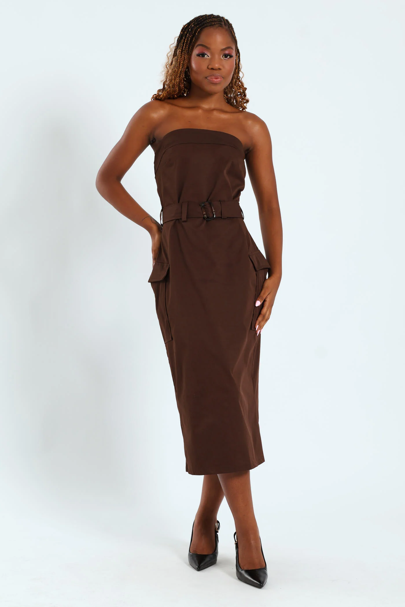 Strapless Utility Twill Midi Dress - Chocolate