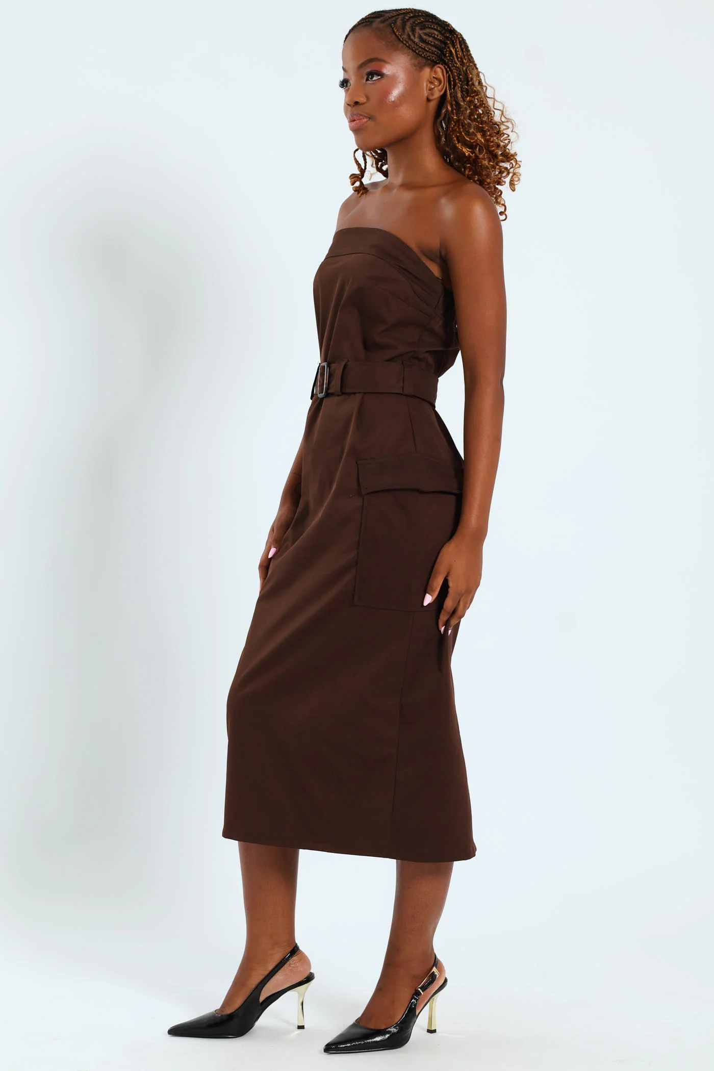 Strapless Utility Twill Midi Dress - Chocolate - Image 3