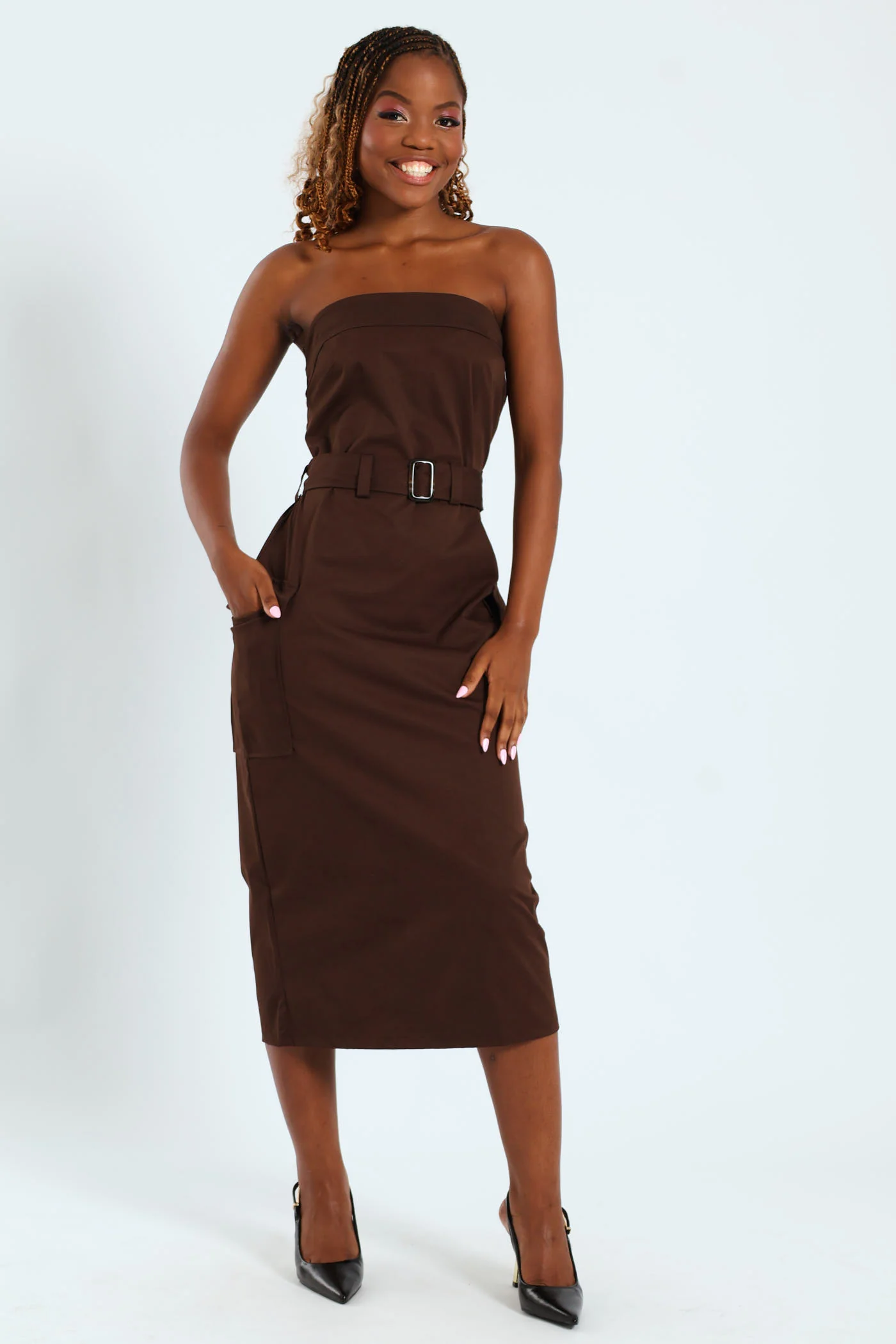 Strapless Utility Twill Midi Dress - Chocolate - Image 7