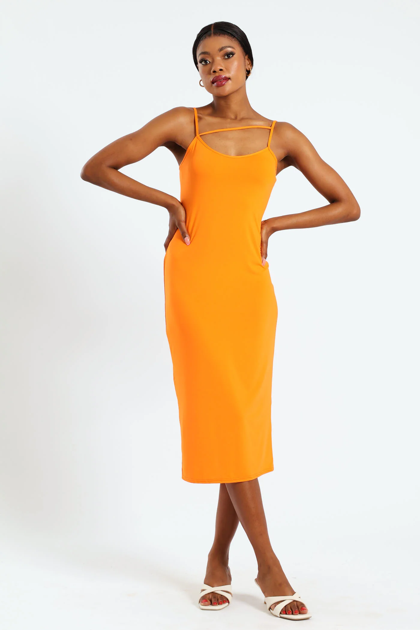 Strappy Chest Detail Bodycon Dress - Orange - Image 3