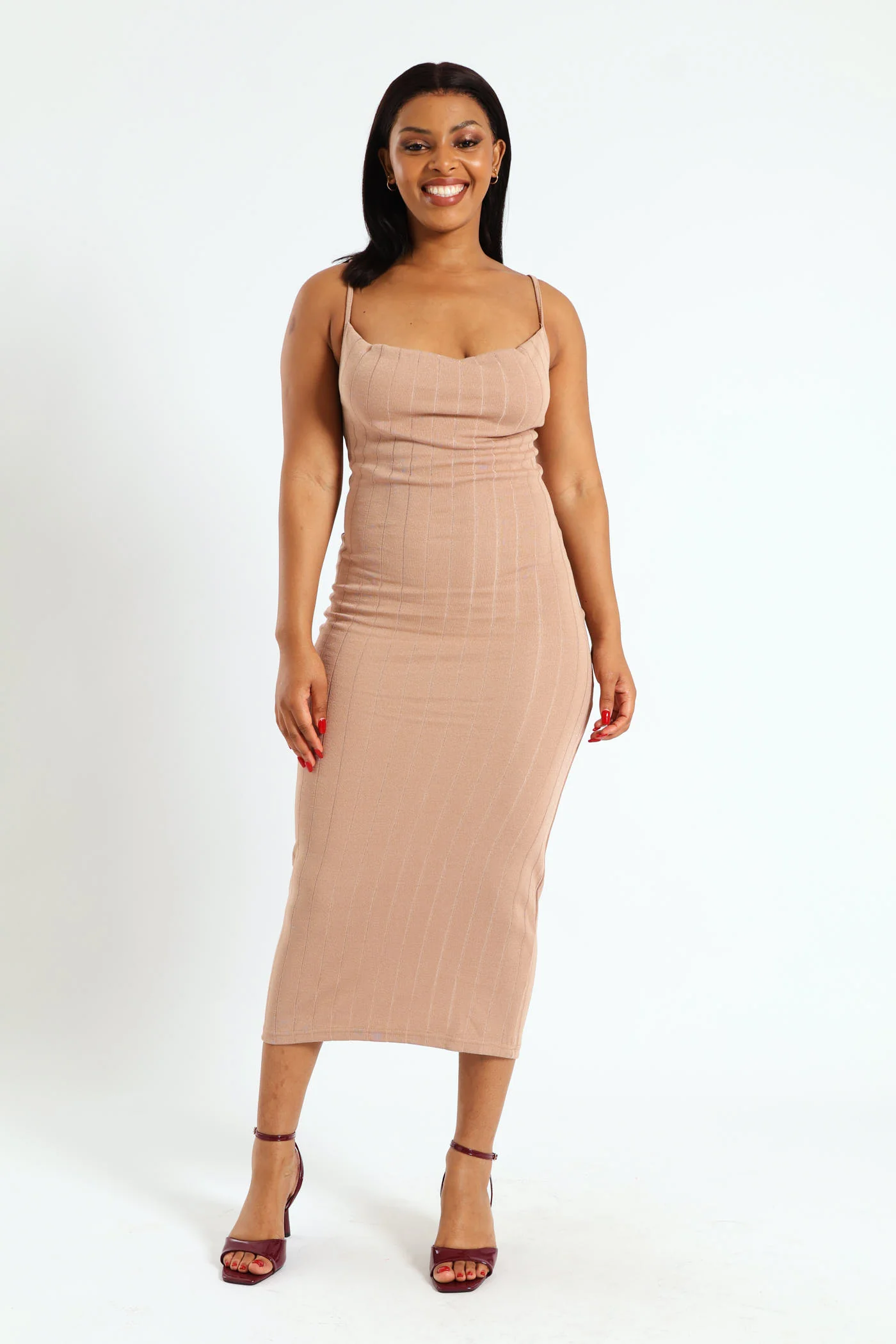 Strappy Cowl Neck Midi Dress - Stone