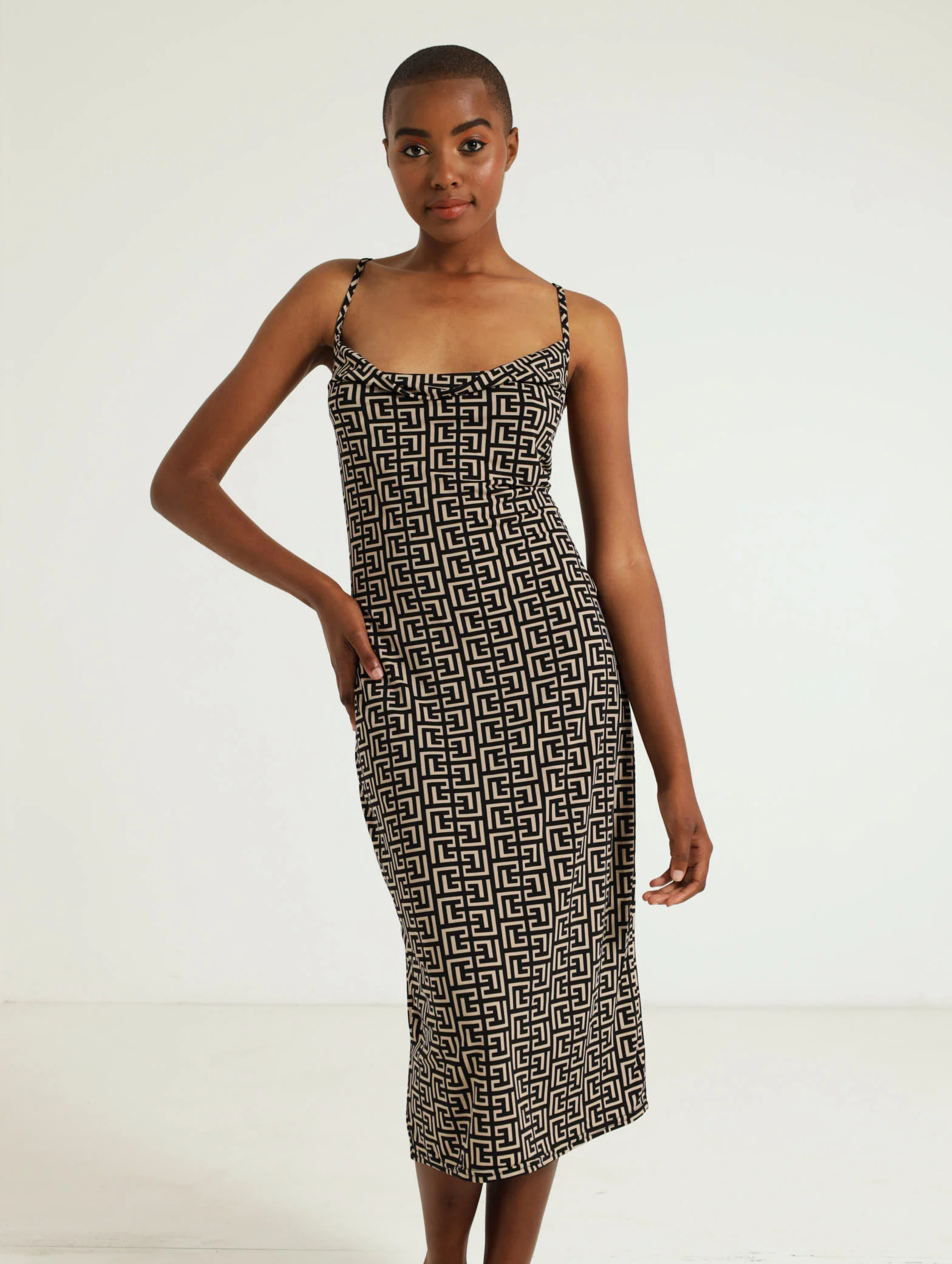 Strappy Cowl Pleated Midi Dress