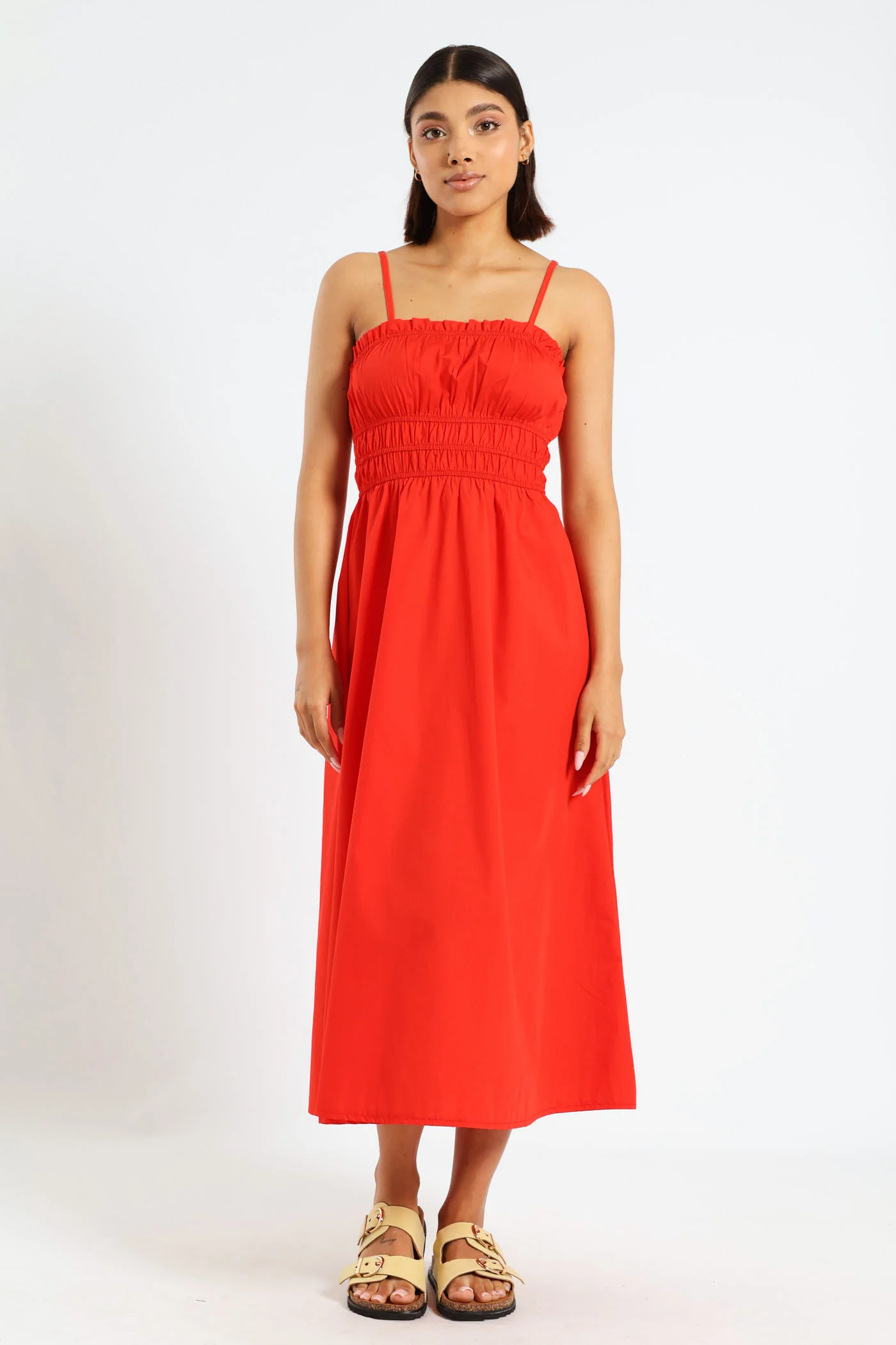 Strappy Elastic Waist Poplin Midi Dress - Red