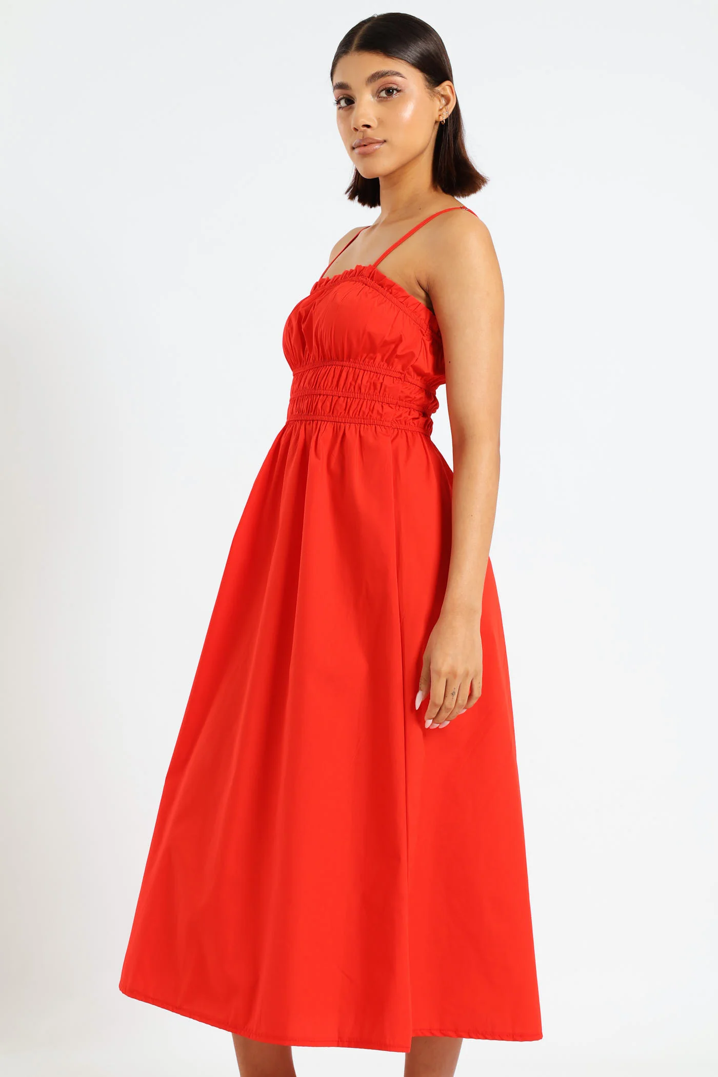 Strappy Elastic Waist Poplin Midi Dress - Red - Image 4