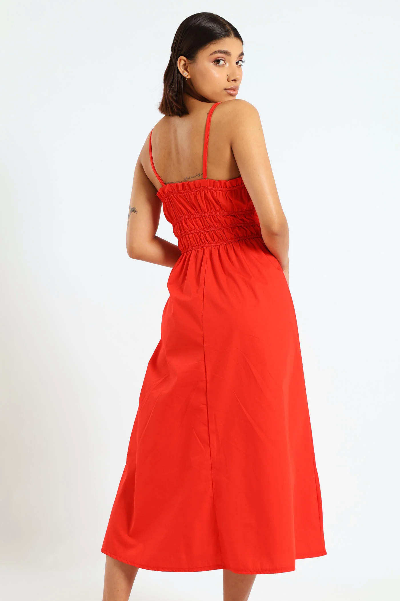 Strappy Elastic Waist Poplin Midi Dress - Red - Image 6
