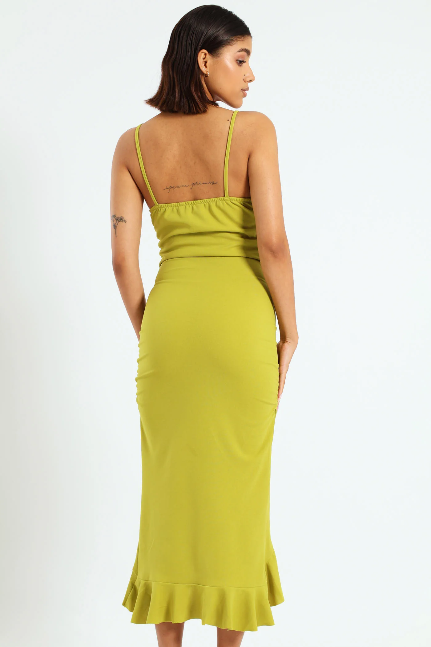Strappy Frilly Hem Bodycon Dress - Chartreuse - Image 4