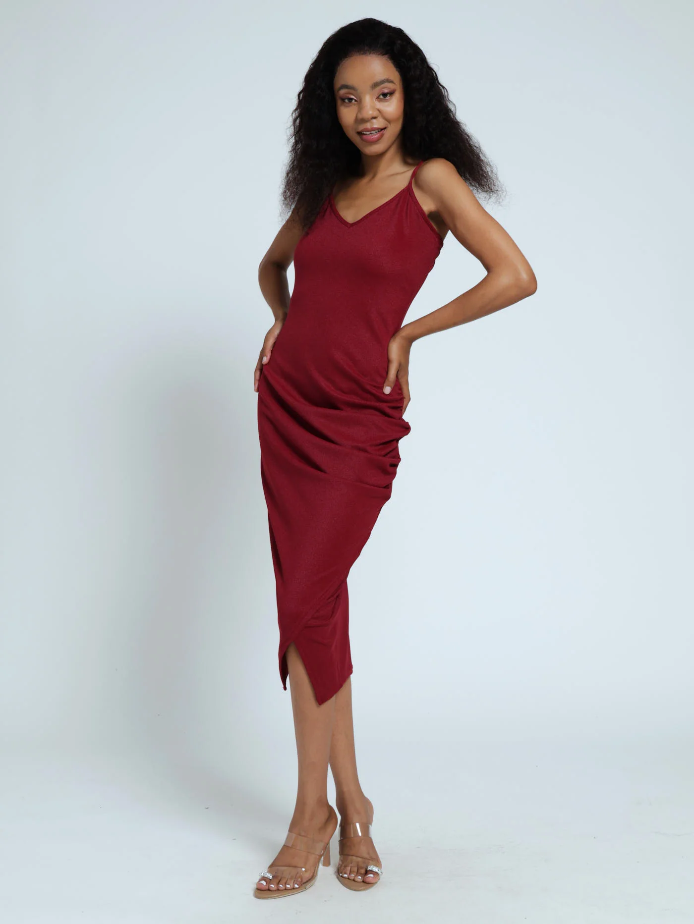 Strappy Gauged Side Slit Hem Dress - Red