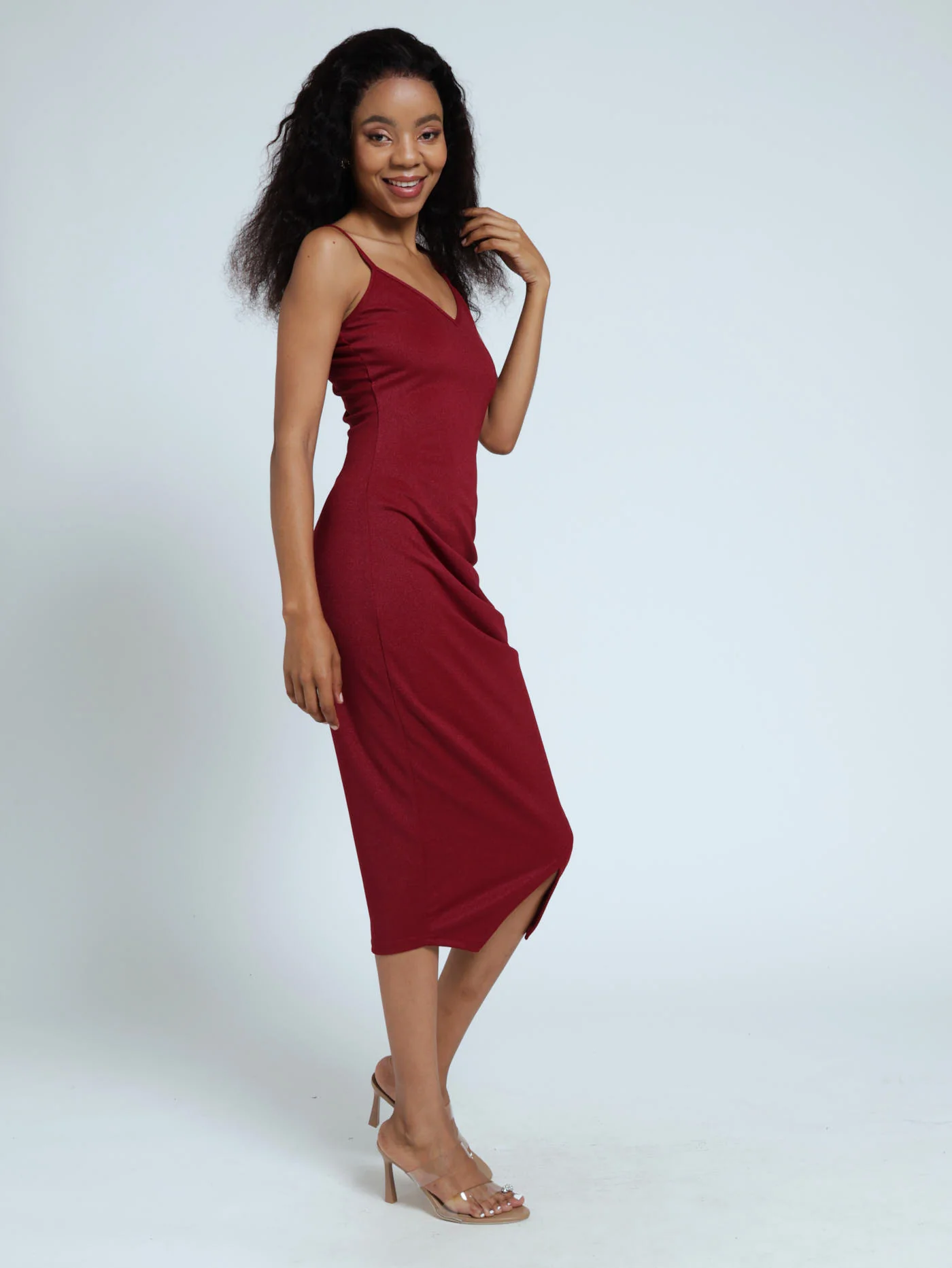 Strappy Gauged Side Slit Hem Dress - Red - Image 2