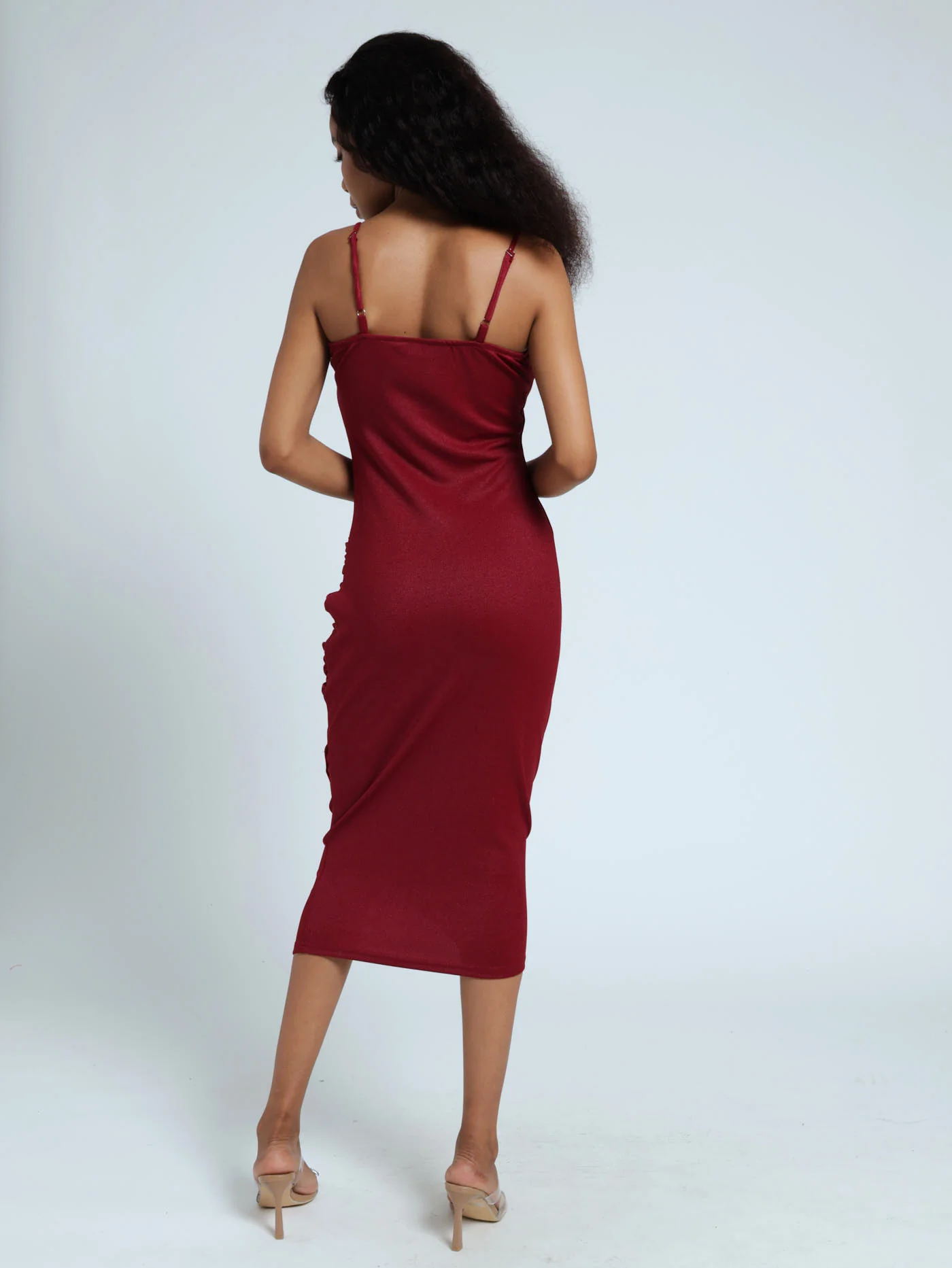 Strappy Gauged Side Slit Hem Dress - Red - Image 3
