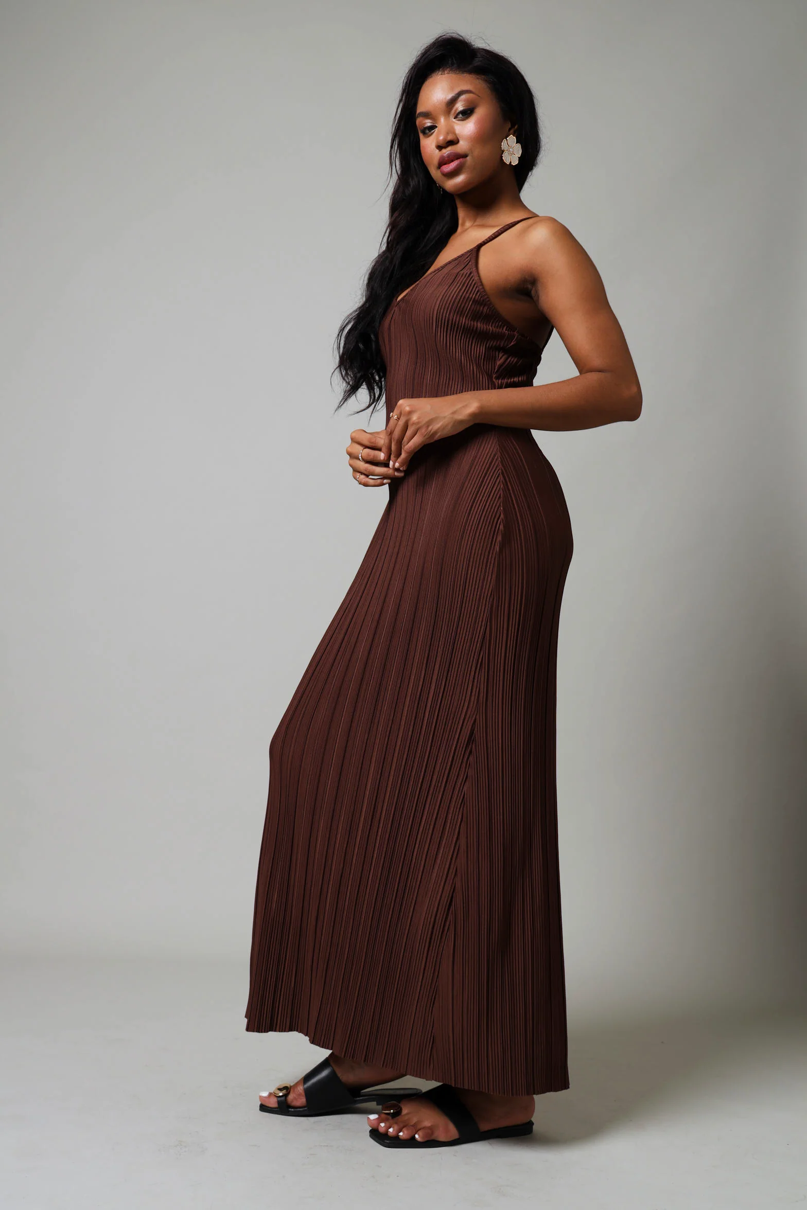 Strappy Maxi Flare Hem Bodre Dress - Brown - Image 4