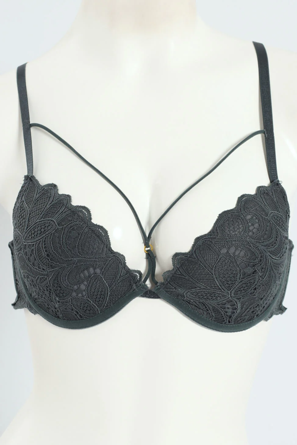 Strappy Mesh & Embroidery T-Shirt Bra - Charcoal