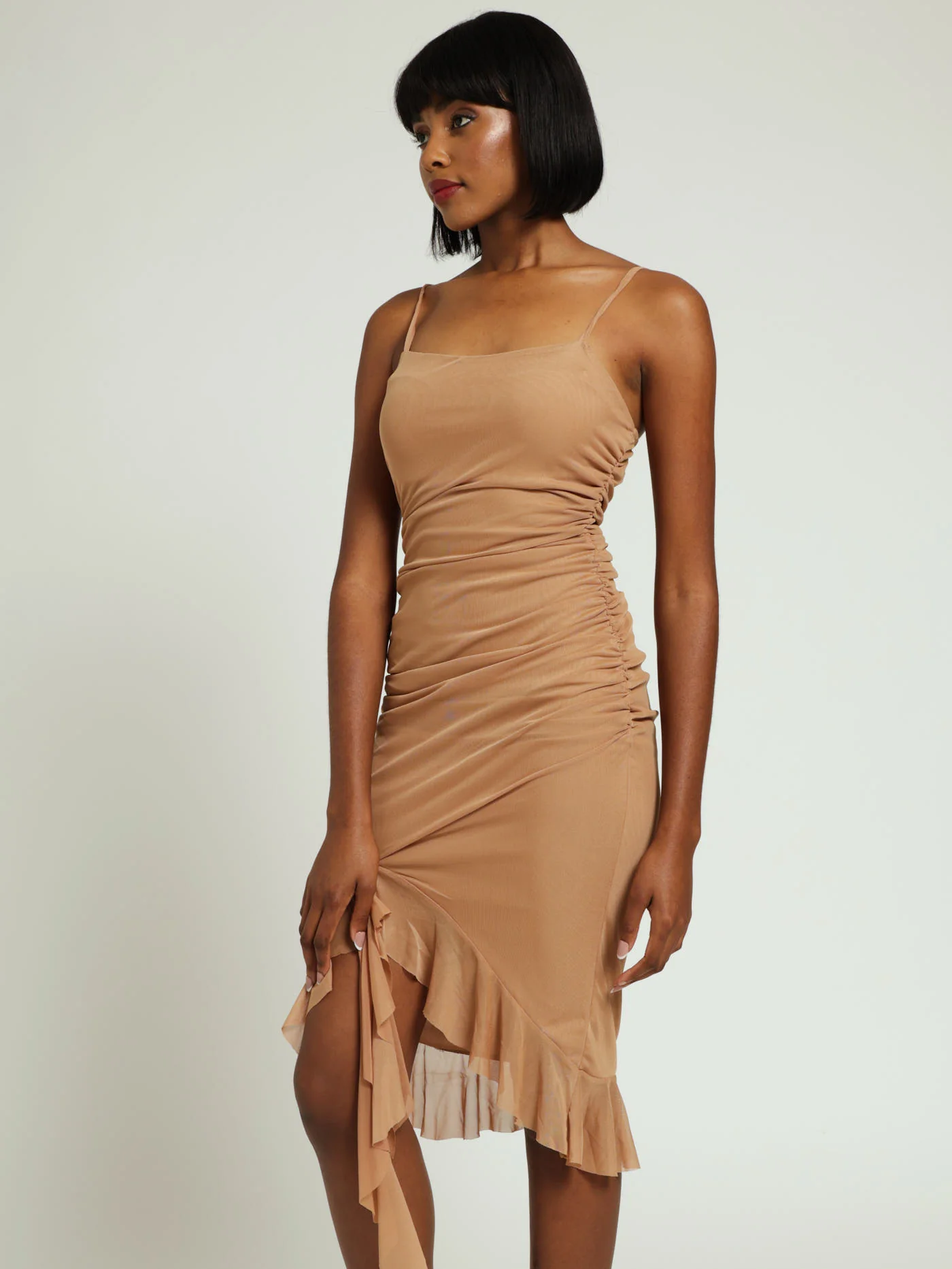 Strappy Mesh Frilly Hem Bodycon Dress - Coffee - Image 2