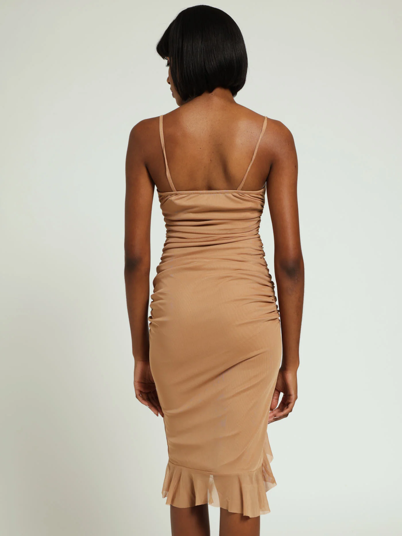 Strappy Mesh Frilly Hem Bodycon Dress - Coffee - Image 3
