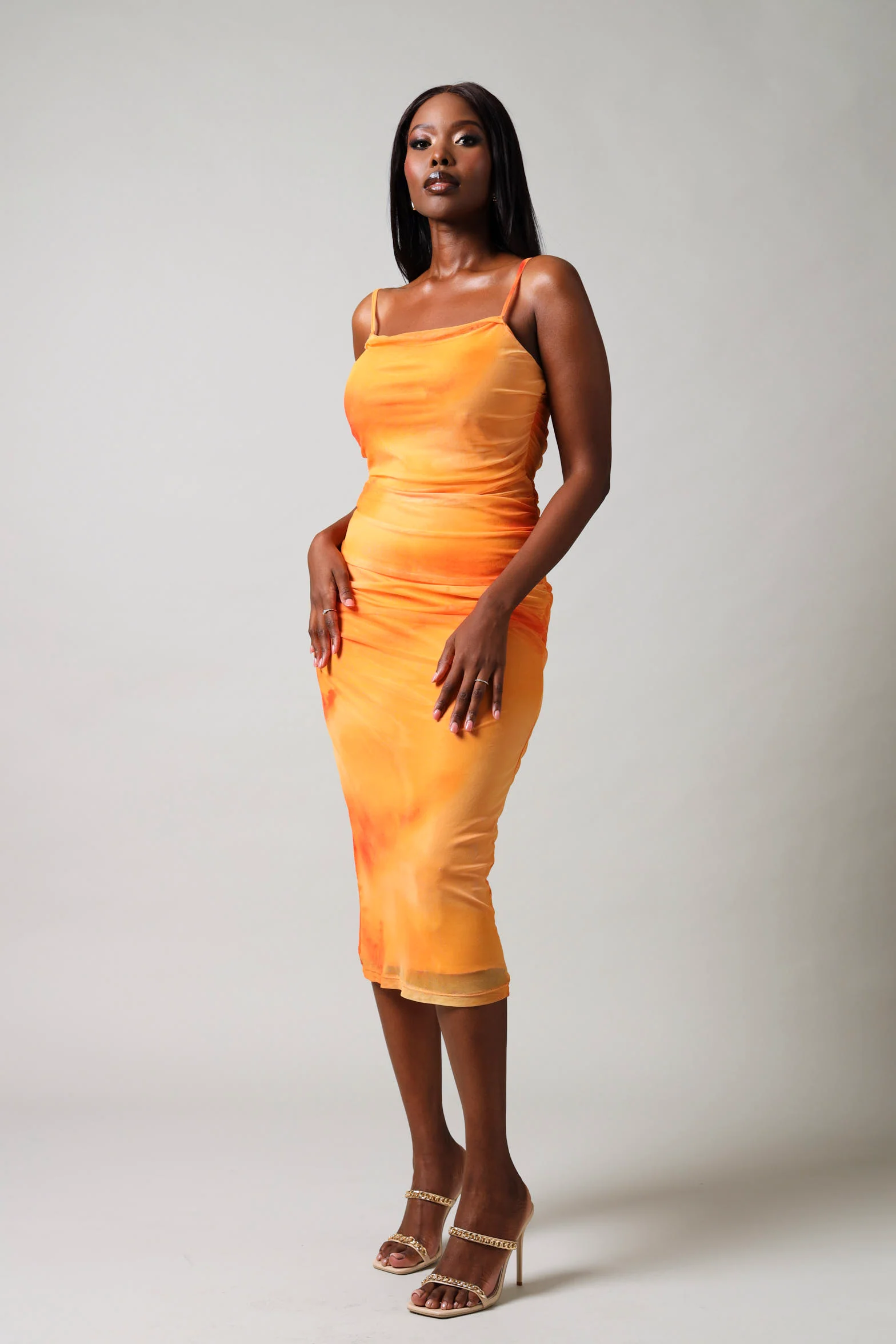 Strappy Mesh Ruched Dress -Orange
