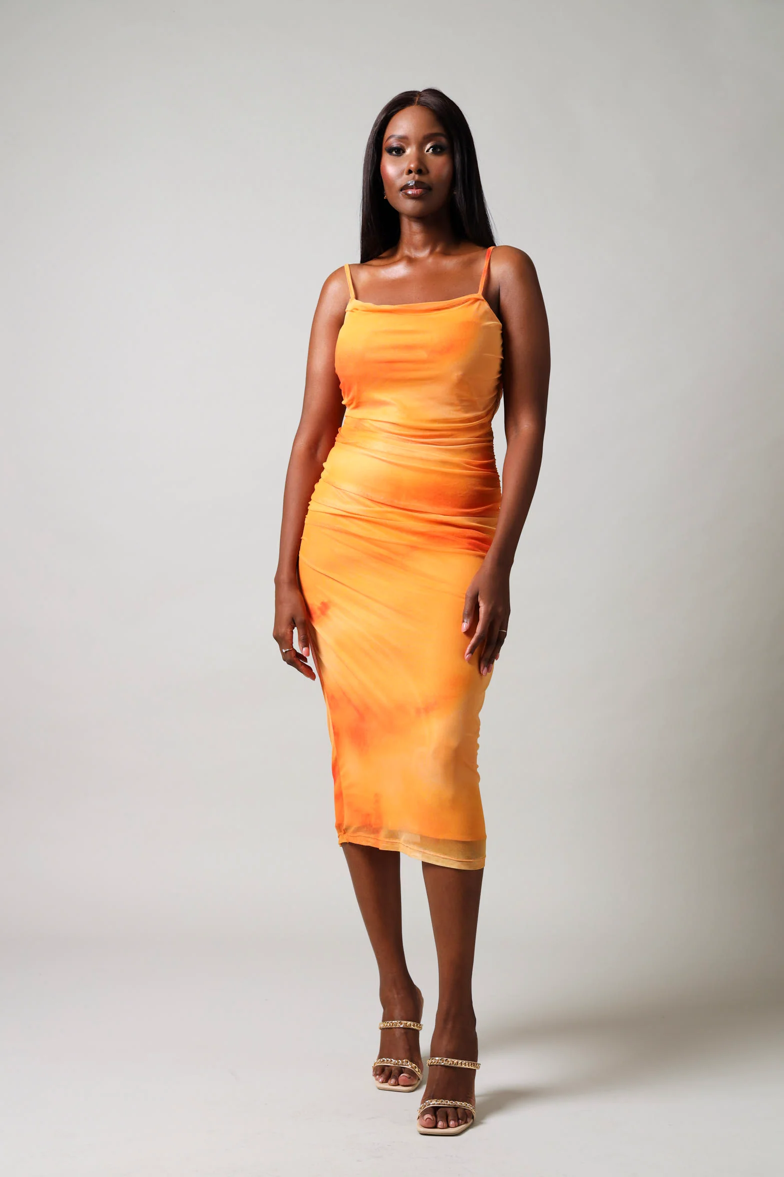 Strappy Mesh Ruched Dress -Orange - Image 5