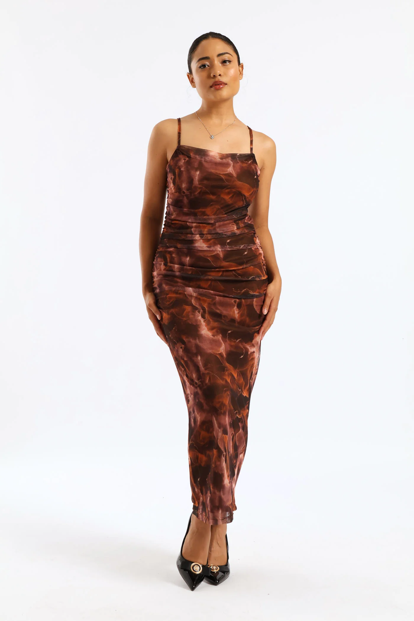 Strappy Mesh Ruched Midi Dress - Multi