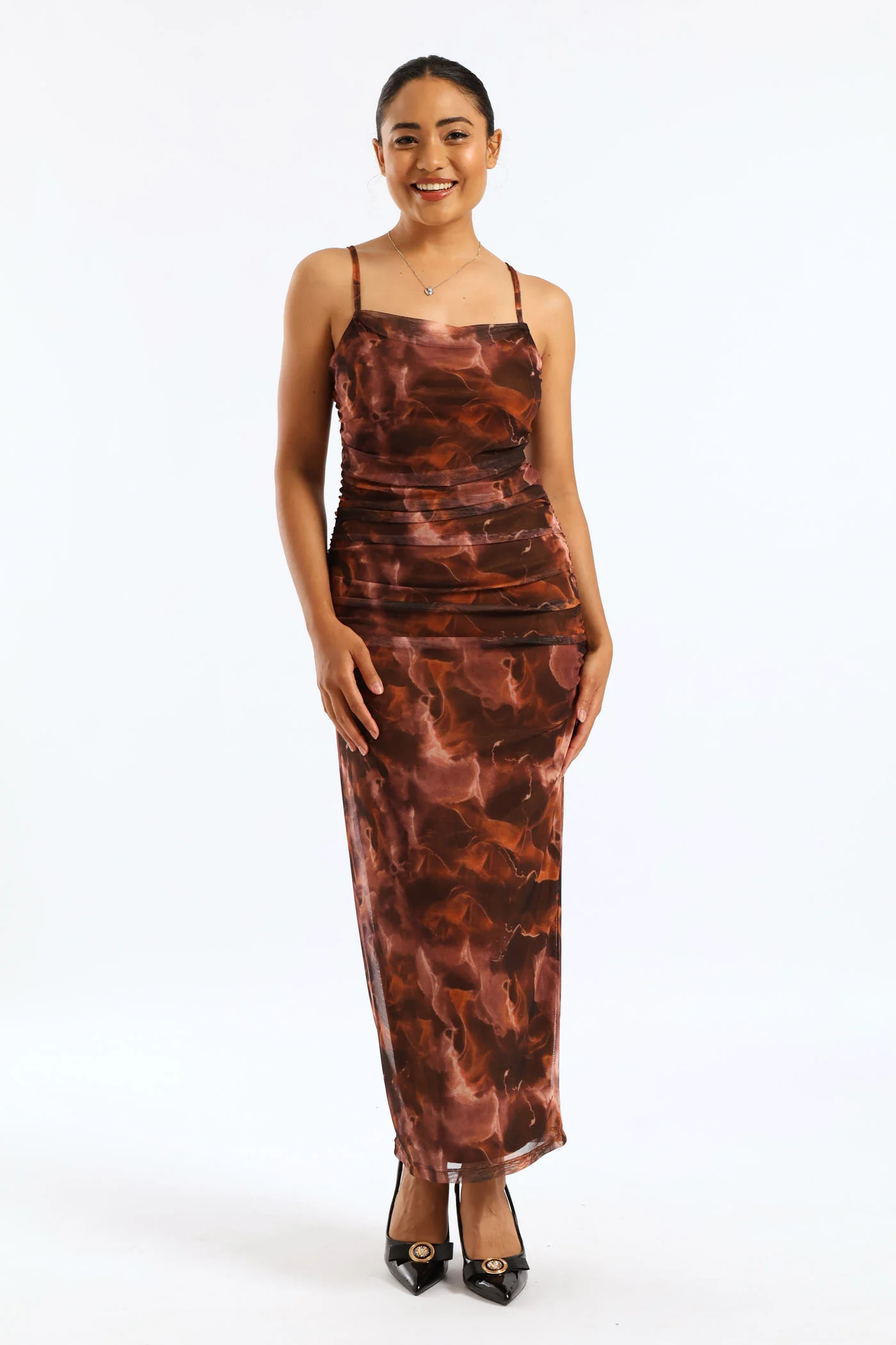 Strappy Mesh Ruched Midi Dress - Multi - Image 2