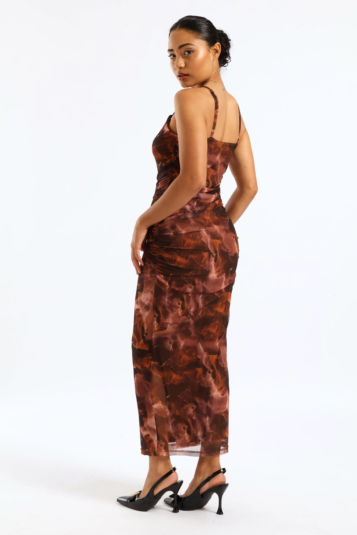 Strappy Mesh Ruched Midi Dress - Multi - Image 4