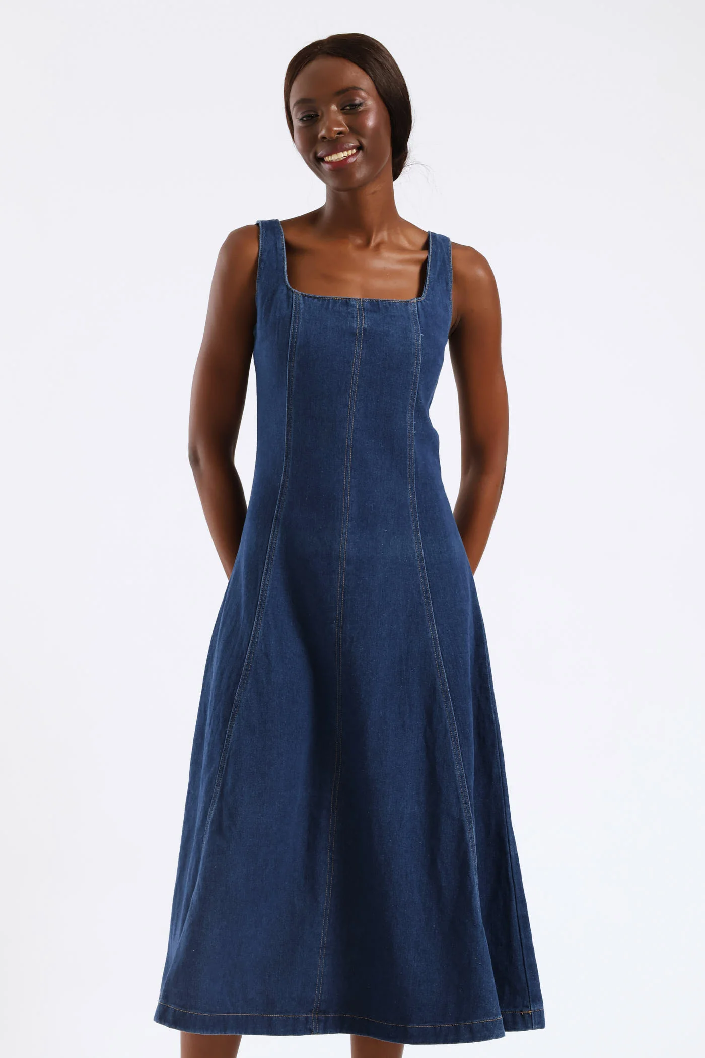 Strappy Panel Detail Denim Midi Dress - Medium Wash