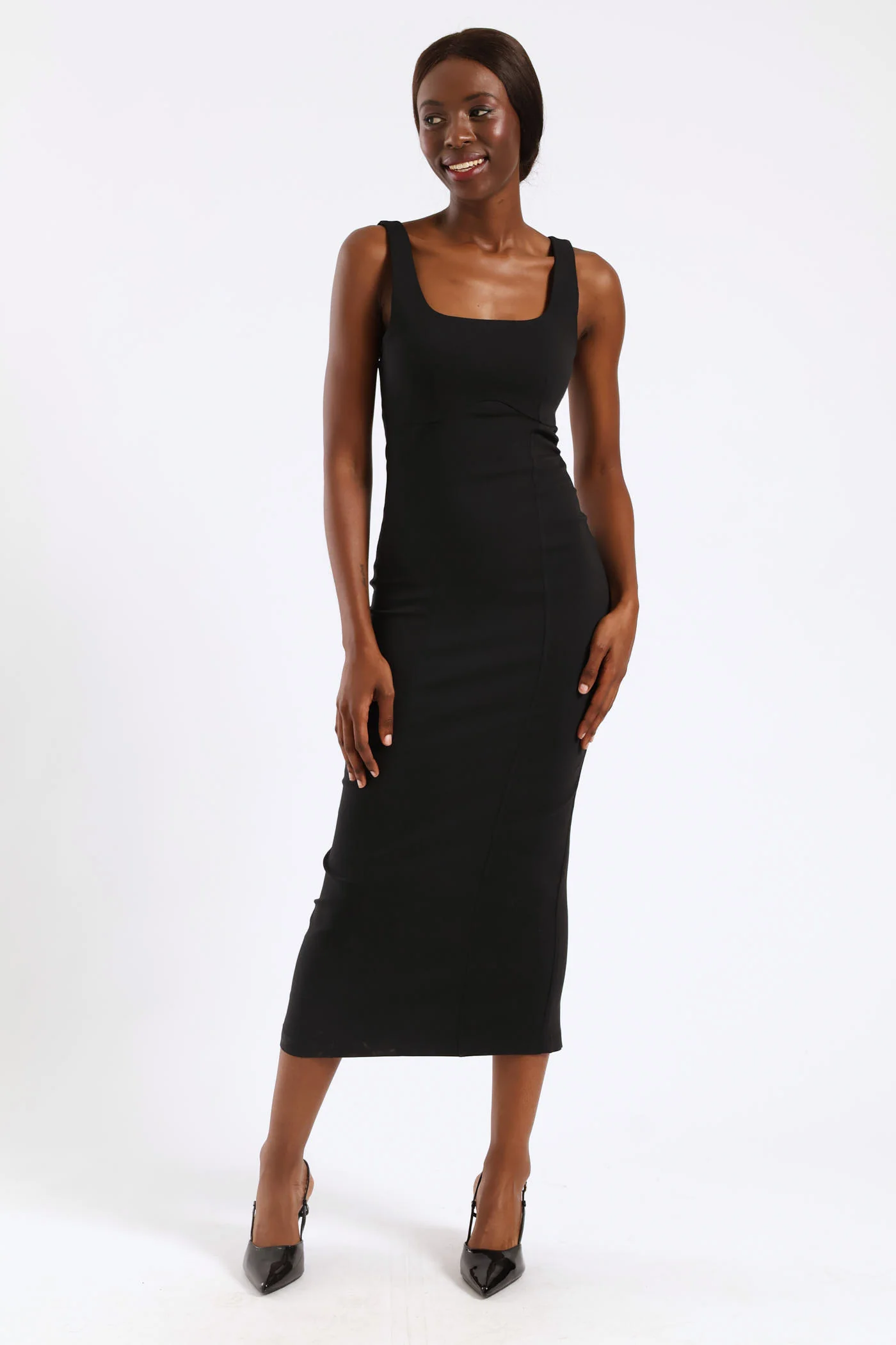 Strappy Panelled Bodycon Dress - Black