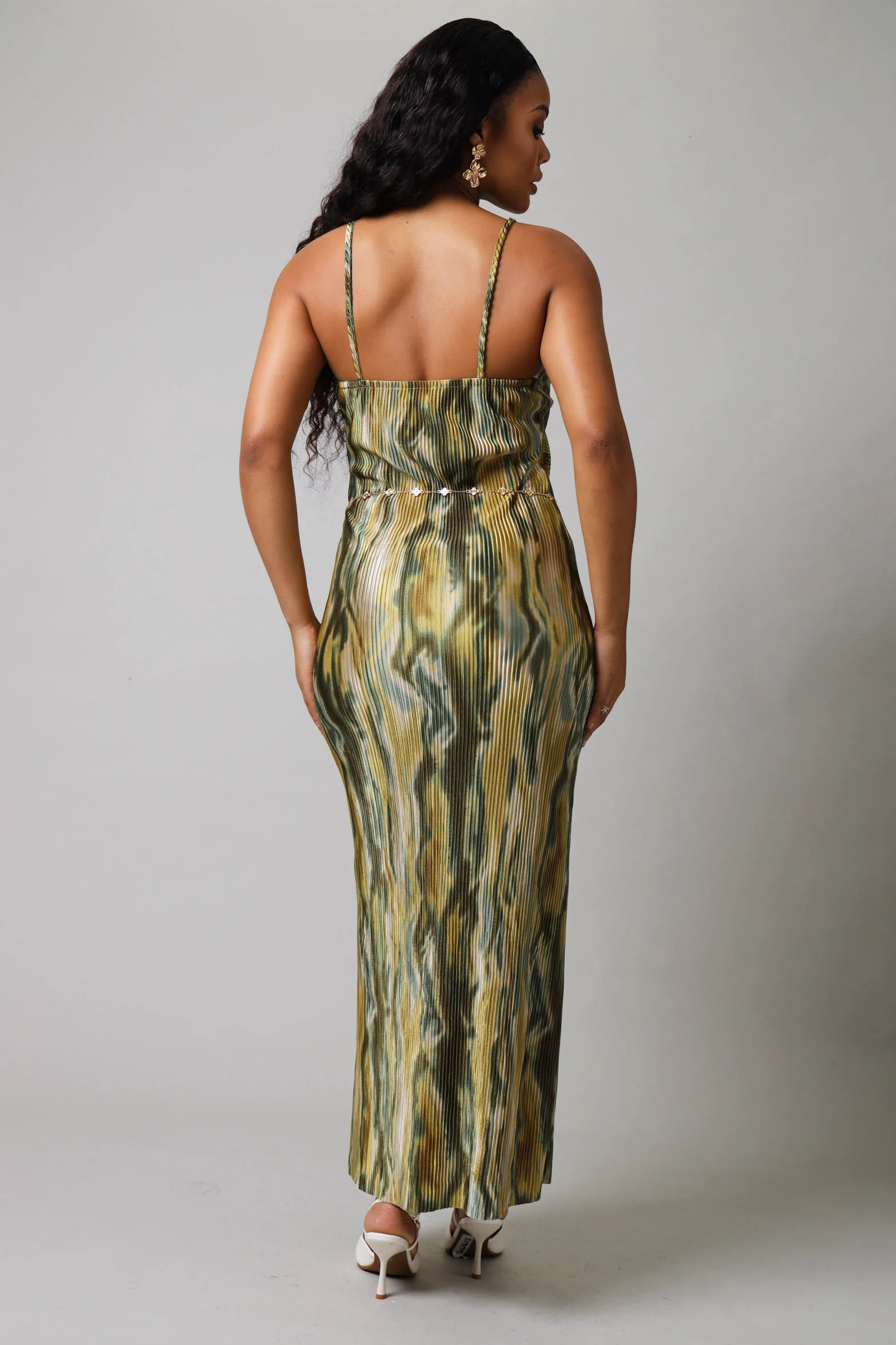 Strappy Printed Bodre Midi Dress - Green
