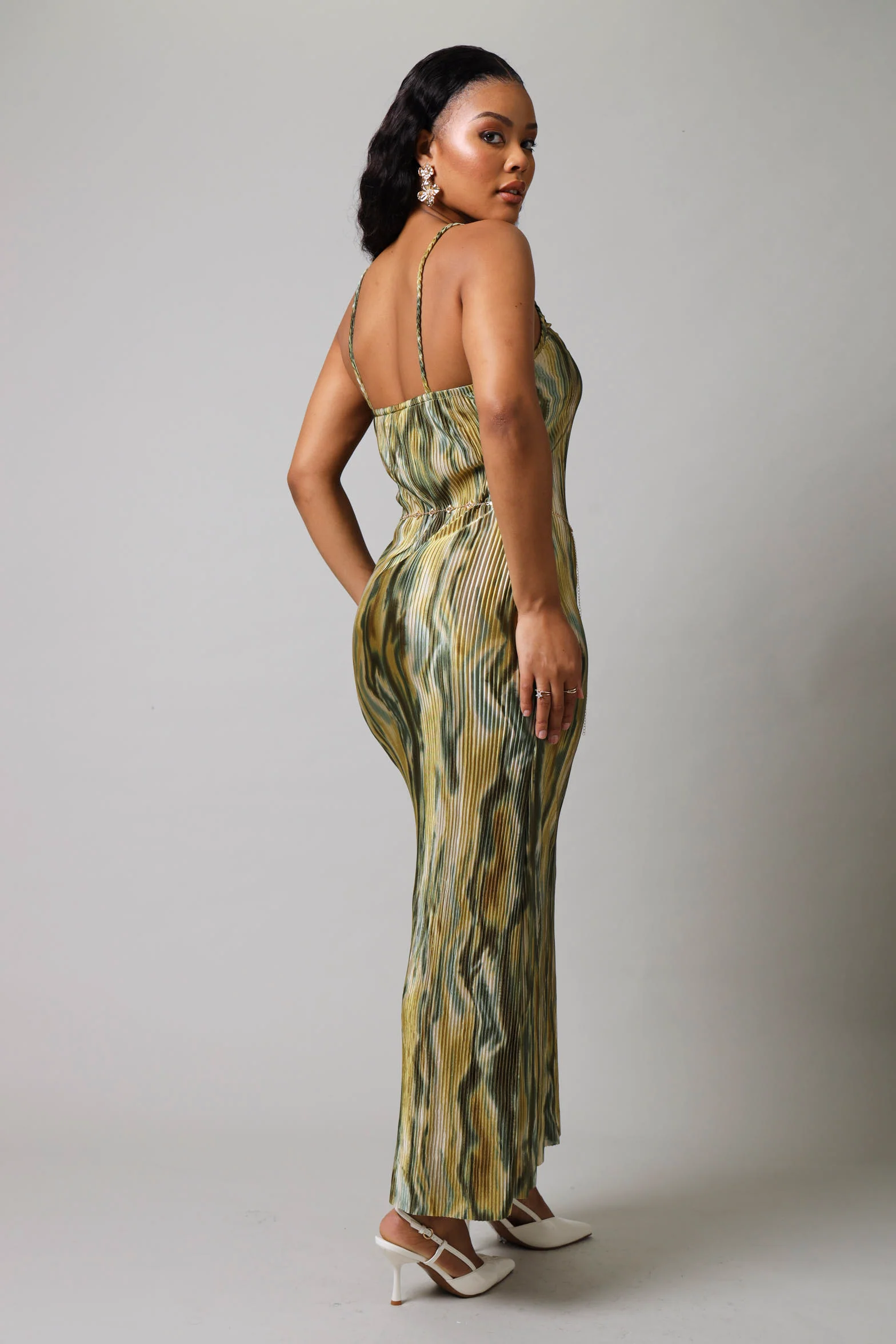 Strappy Printed Bodre Midi Dress - Green - Image 2