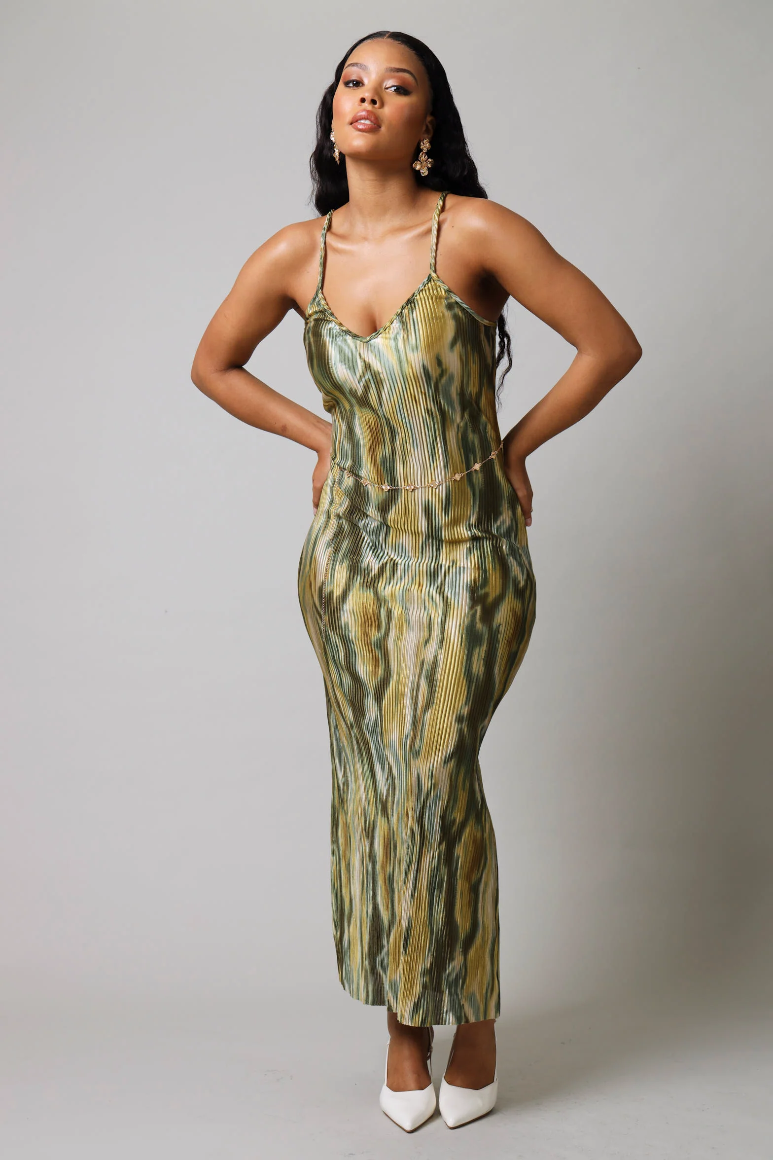 Strappy Printed Bodre Midi Dress - Green - Image 4