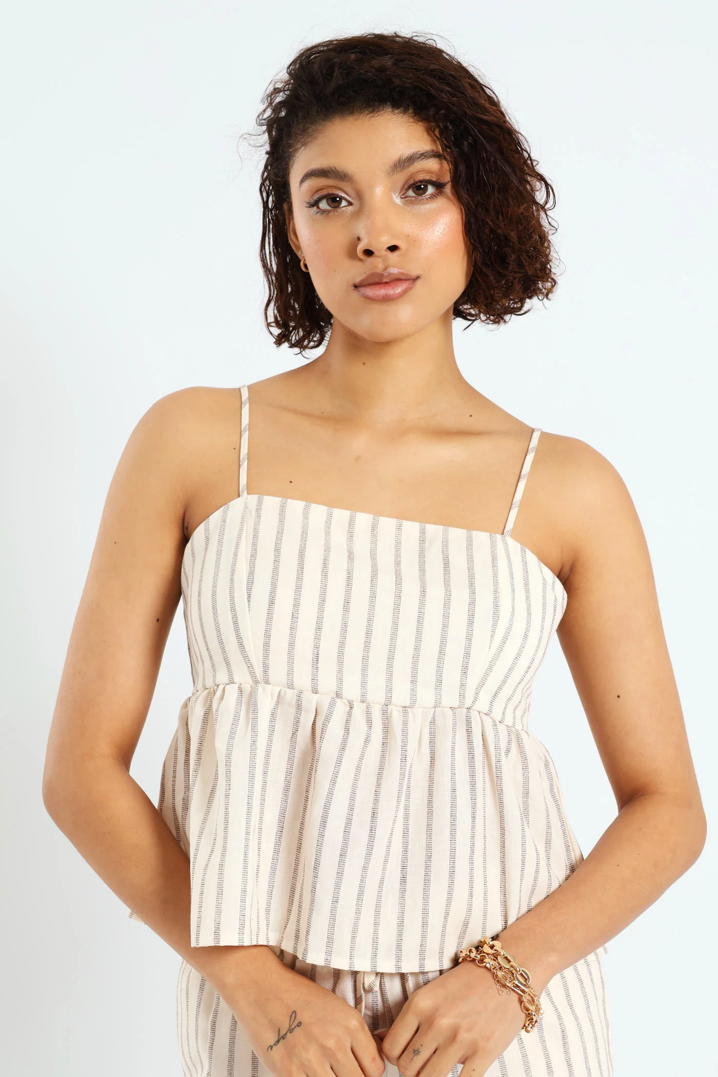 Strappy Printed Linen Look Peplum Top - Multi
