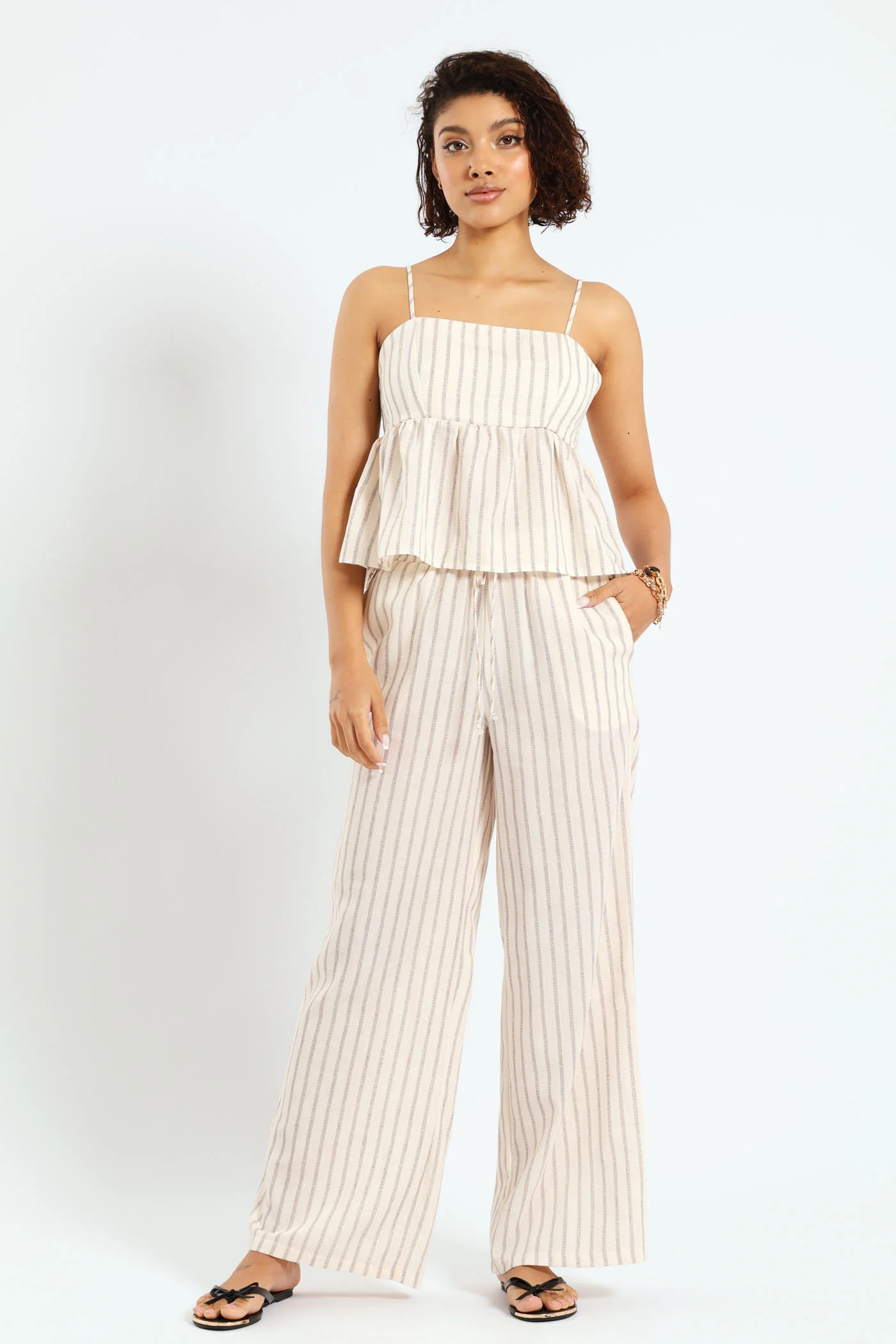 Strappy Printed Linen Look Peplum Top - Multi - Image 2
