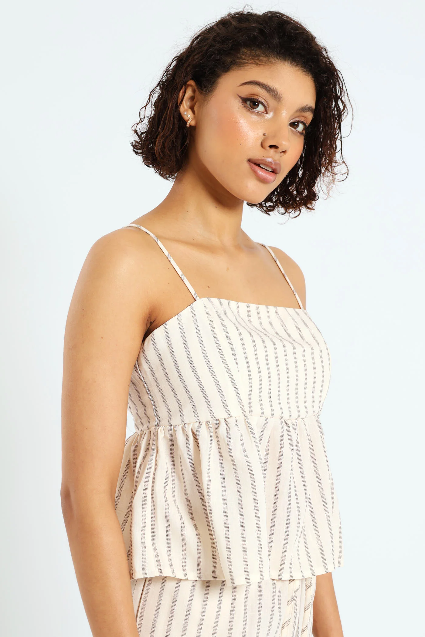 Strappy Printed Linen Look Peplum Top - Multi - Image 3