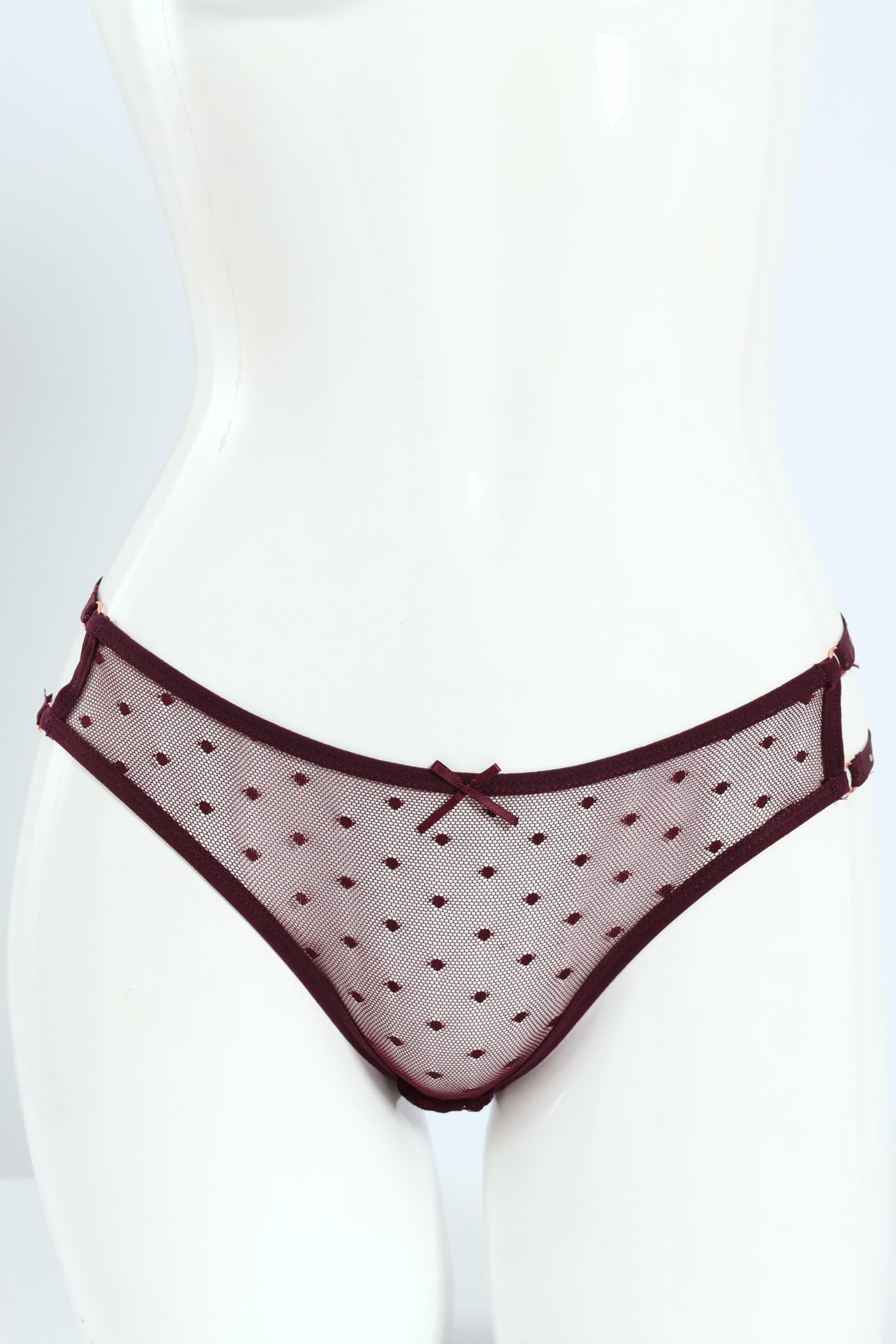 Strappy Rhinestone Dobby Mesh Brazilian Panty - Burgundy