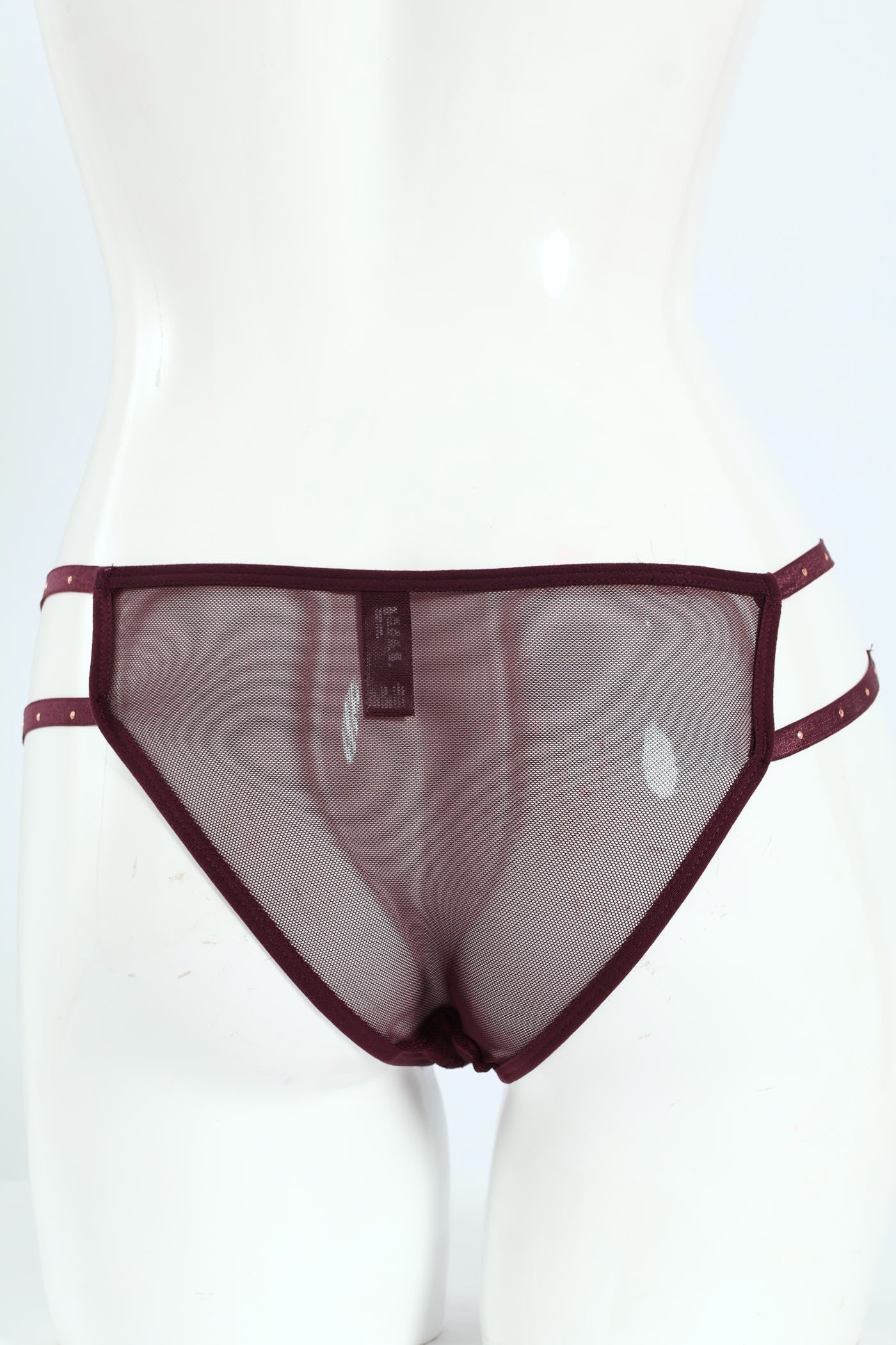 Strappy Rhinestone Dobby Mesh Brazilian Panty - Burgundy - Image 2