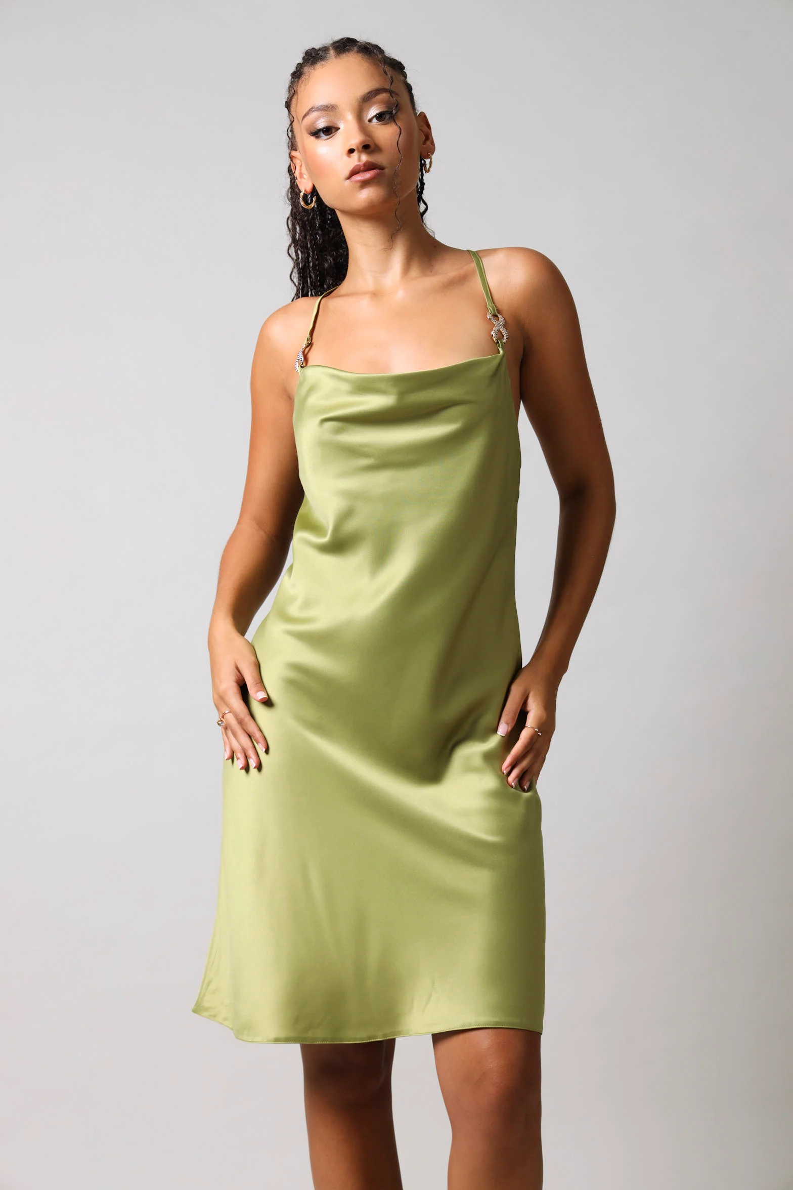 Strappy Ring Trim Short Satin Party Slip Dress - Chartreuse