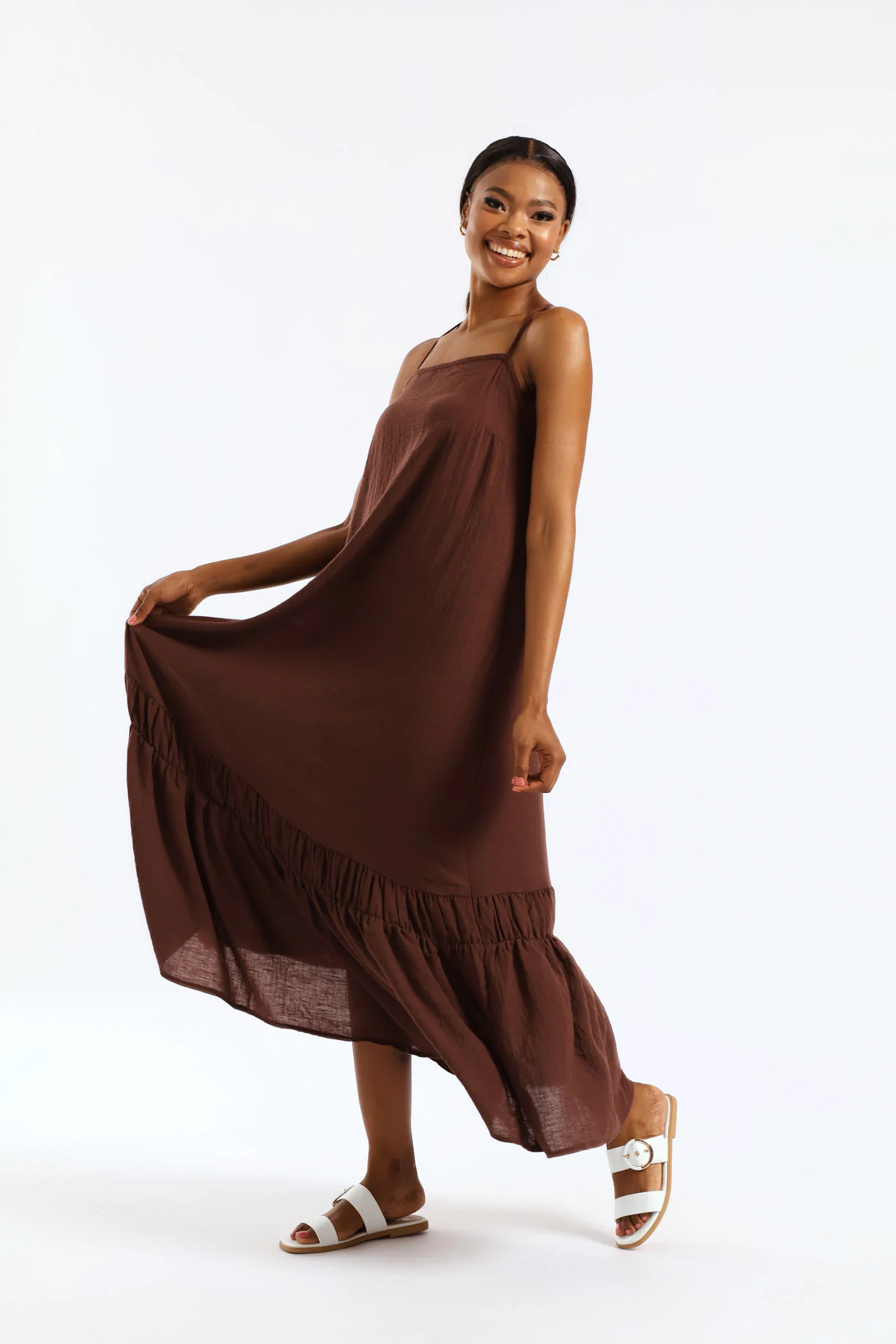 Strappy Ruched Hem Maxi Swing Dress - Chocolate - Image 4