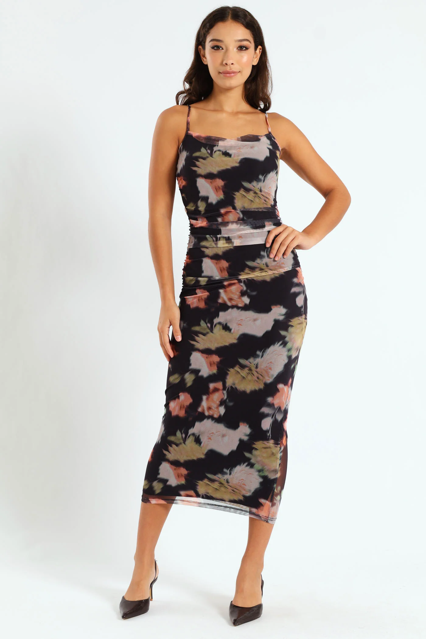 Strappy Ruched Mesh Dress - Multi