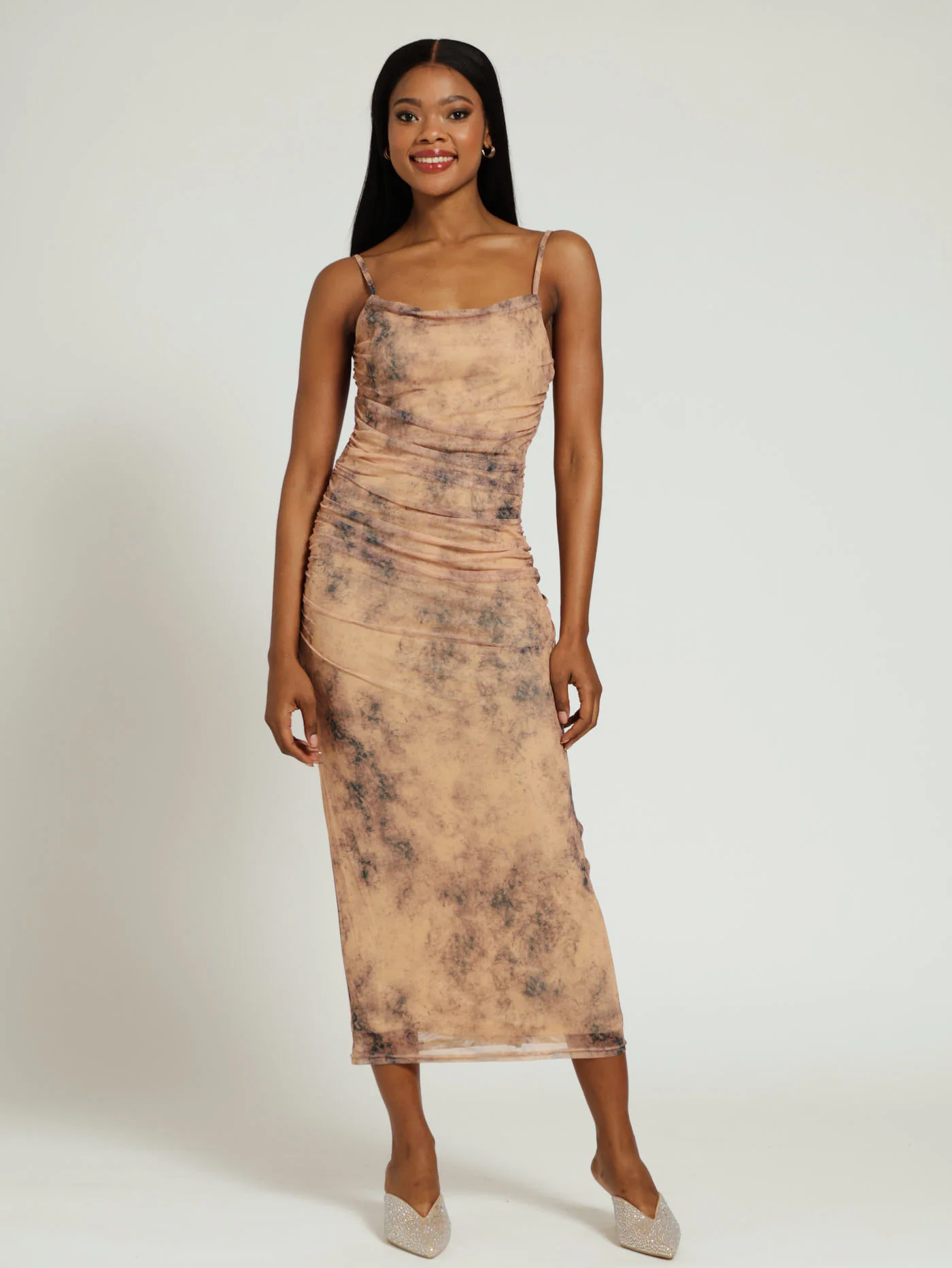 Strappy Ruched Mesh Dress