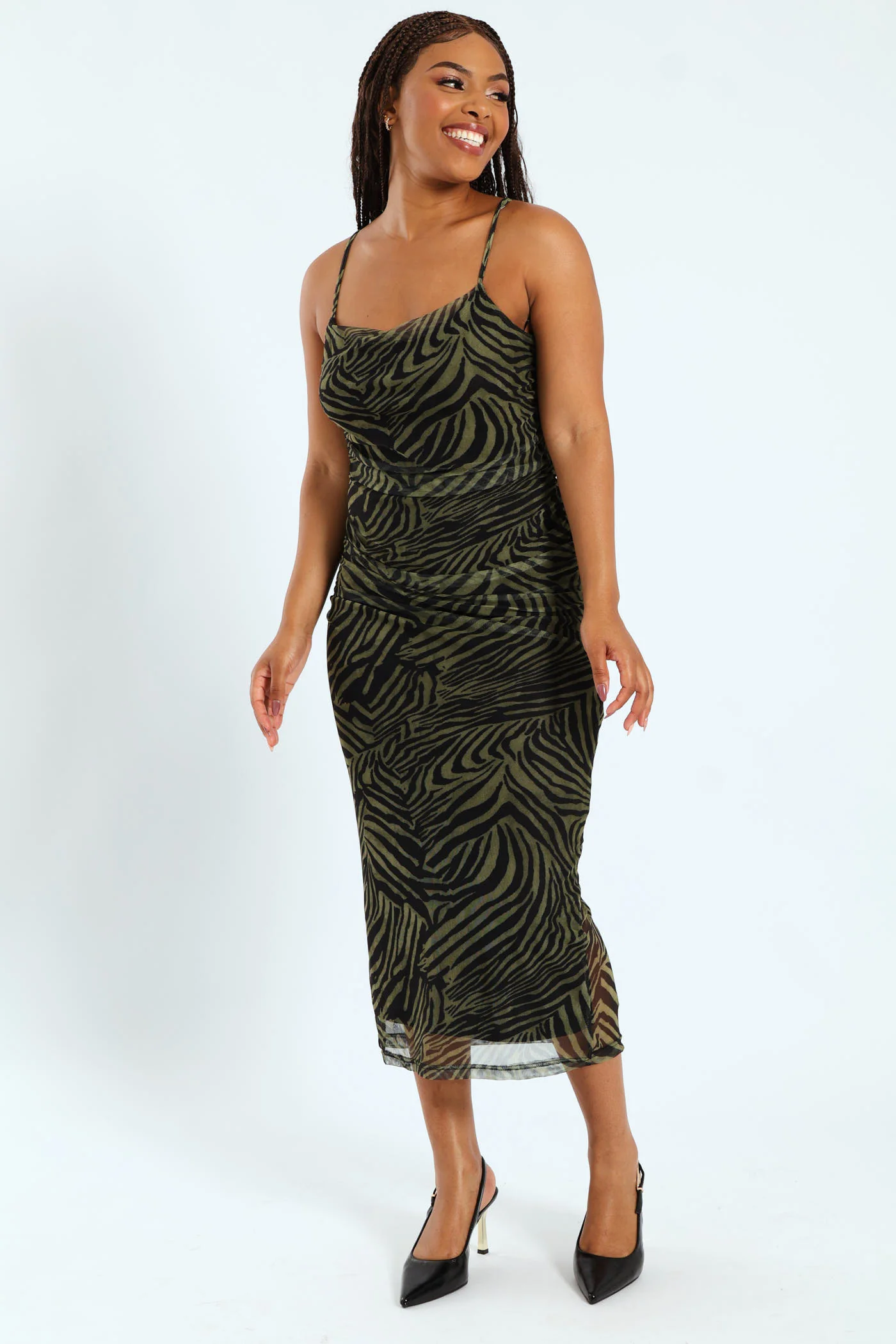 Strappy Ruched Mesh Printed Dress - Multi - Image 3