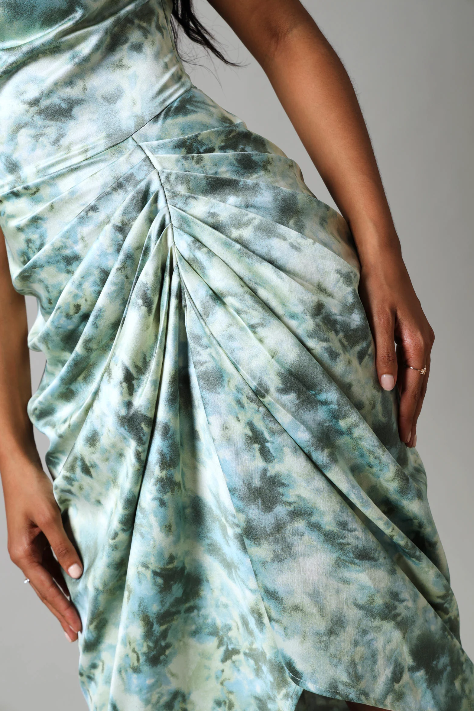 Strappy Ruched Satin Dress With Chain Trim - Sage - Image 2