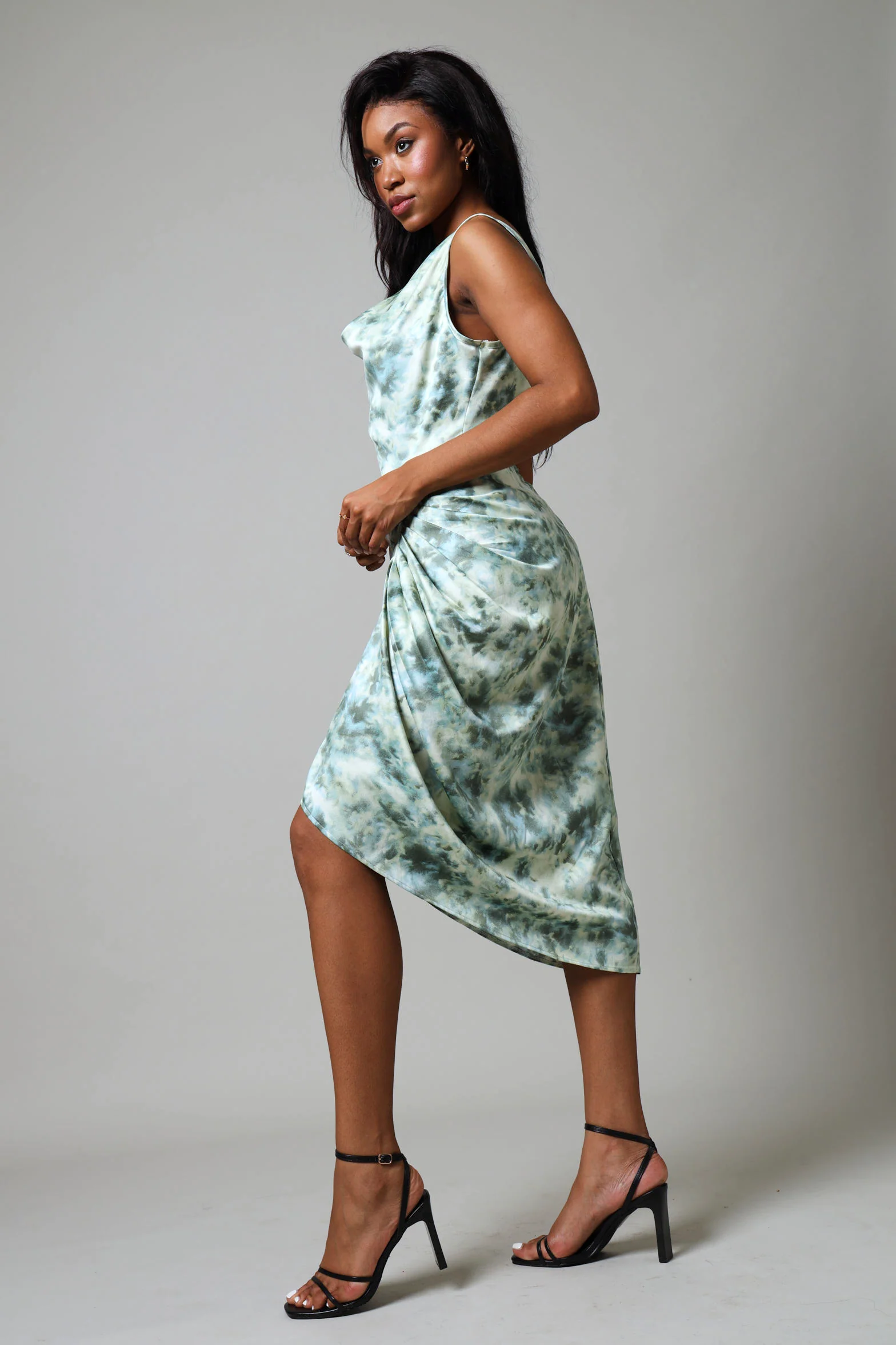 Strappy Ruched Satin Dress With Chain Trim - Sage - Image 4