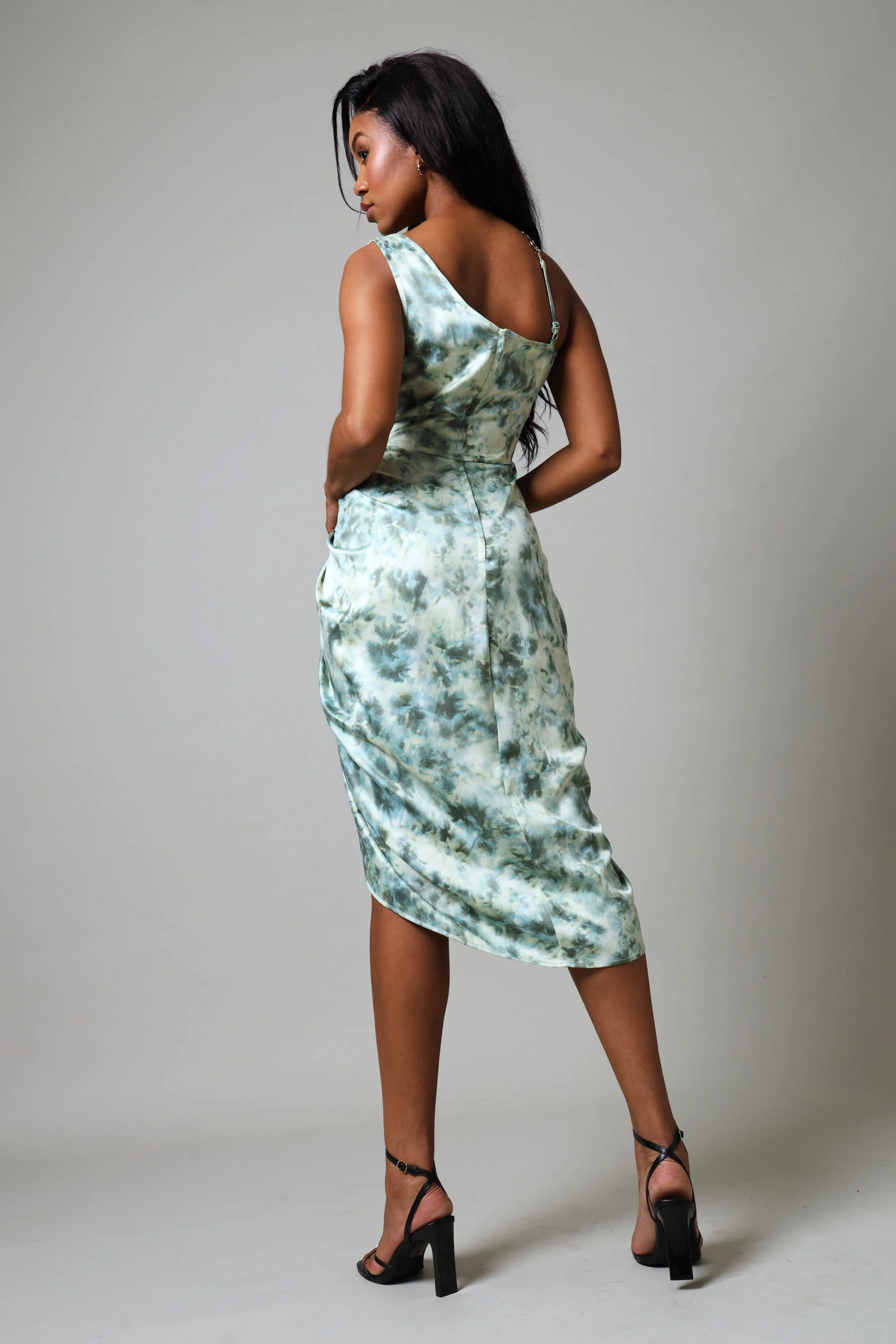 Strappy Ruched Satin Dress With Chain Trim - Sage - Image 5