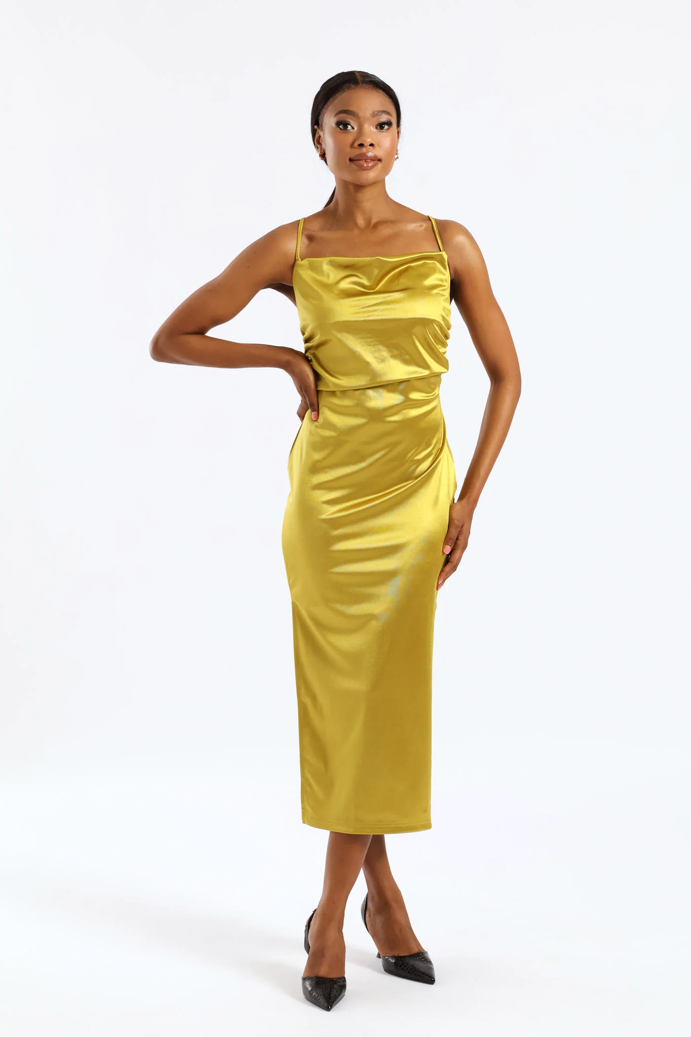 Strappy Shimmer Slinky Cowl Neck Dress - Green