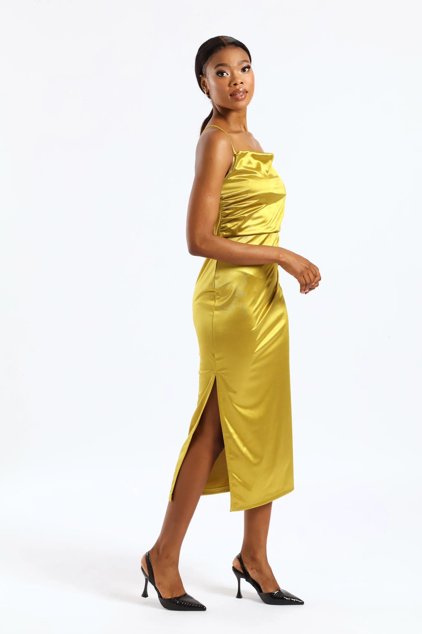 Strappy Shimmer Slinky Cowl Neck Dress - Green - Image 3