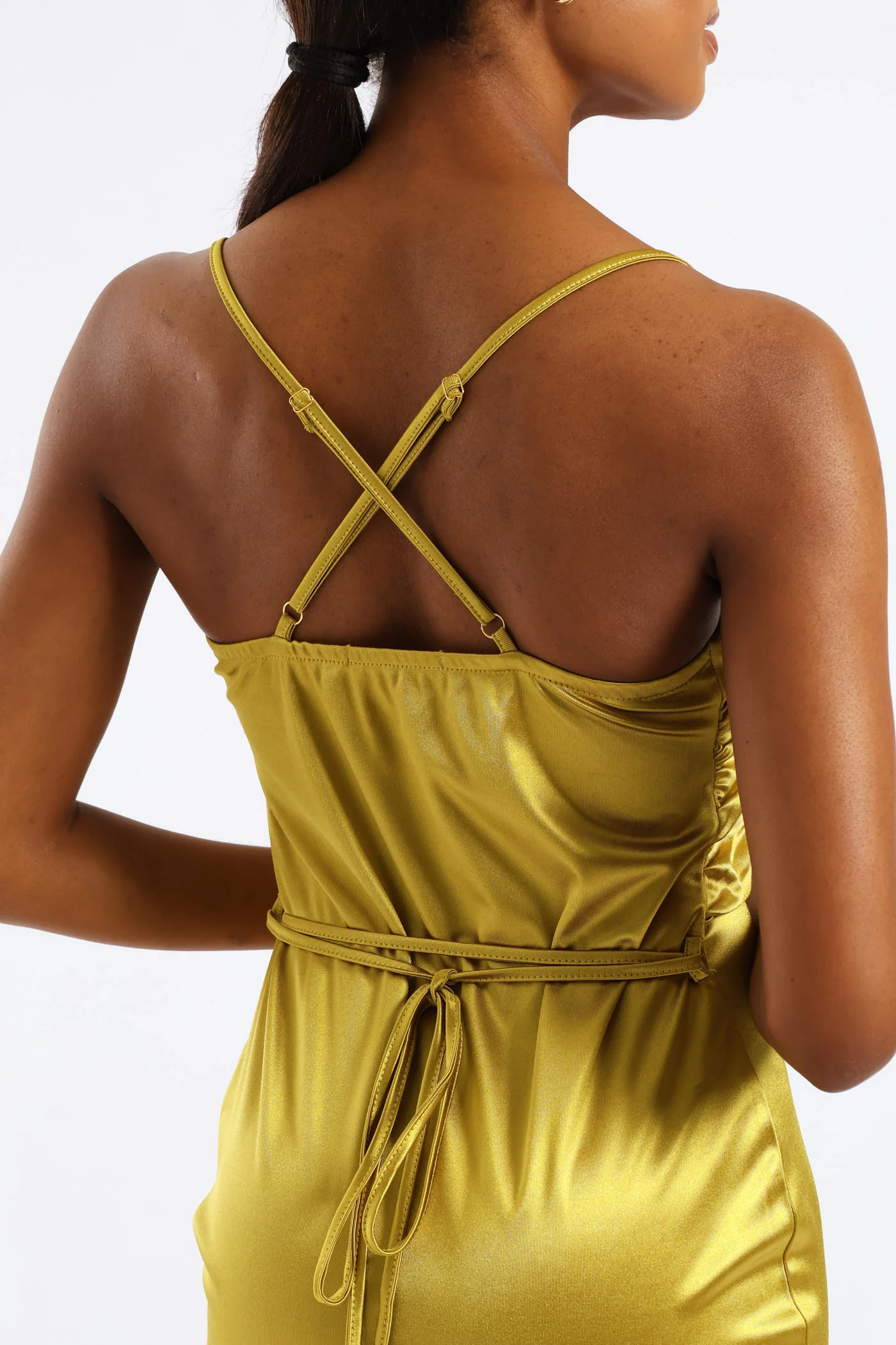 Strappy Shimmer Slinky Cowl Neck Dress - Green - Image 4