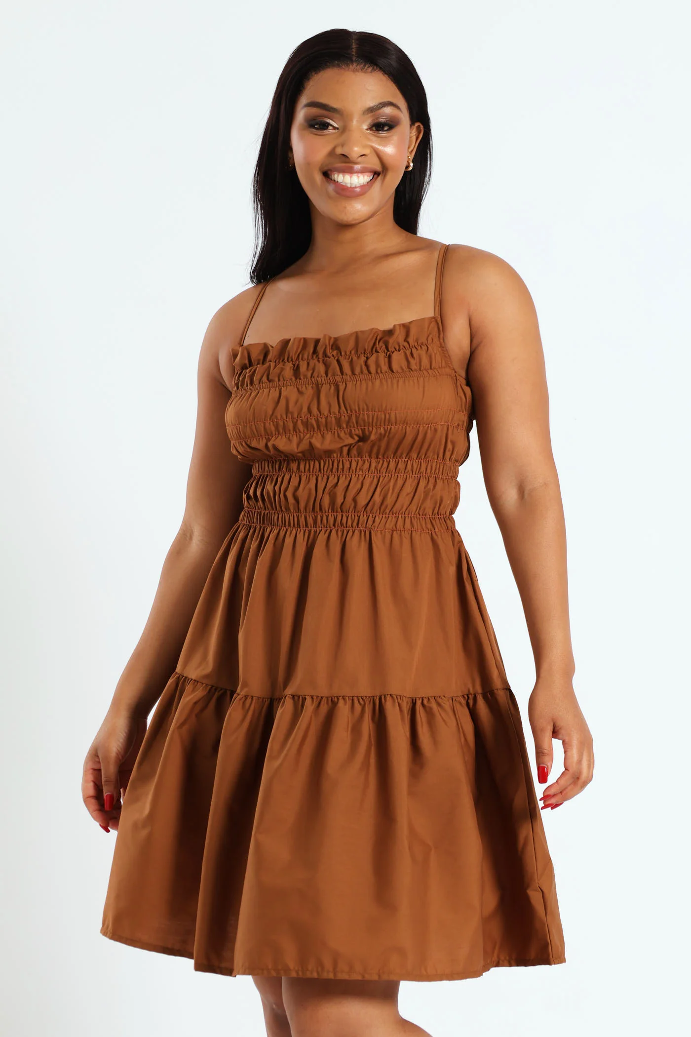 Strappy Shirred Bodice Poplin Mini Dress - Caramel