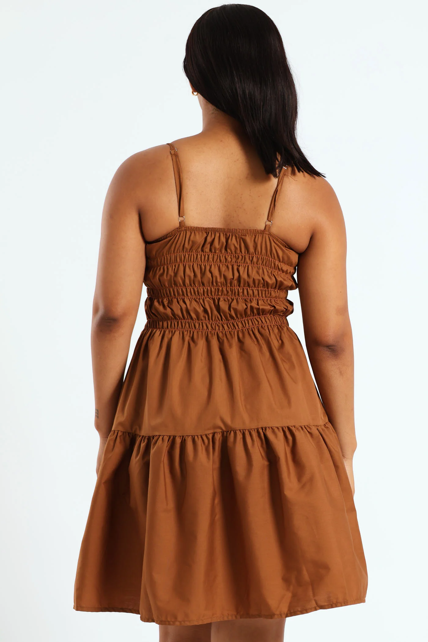 Strappy Shirred Bodice Poplin Mini Dress - Caramel - Image 4