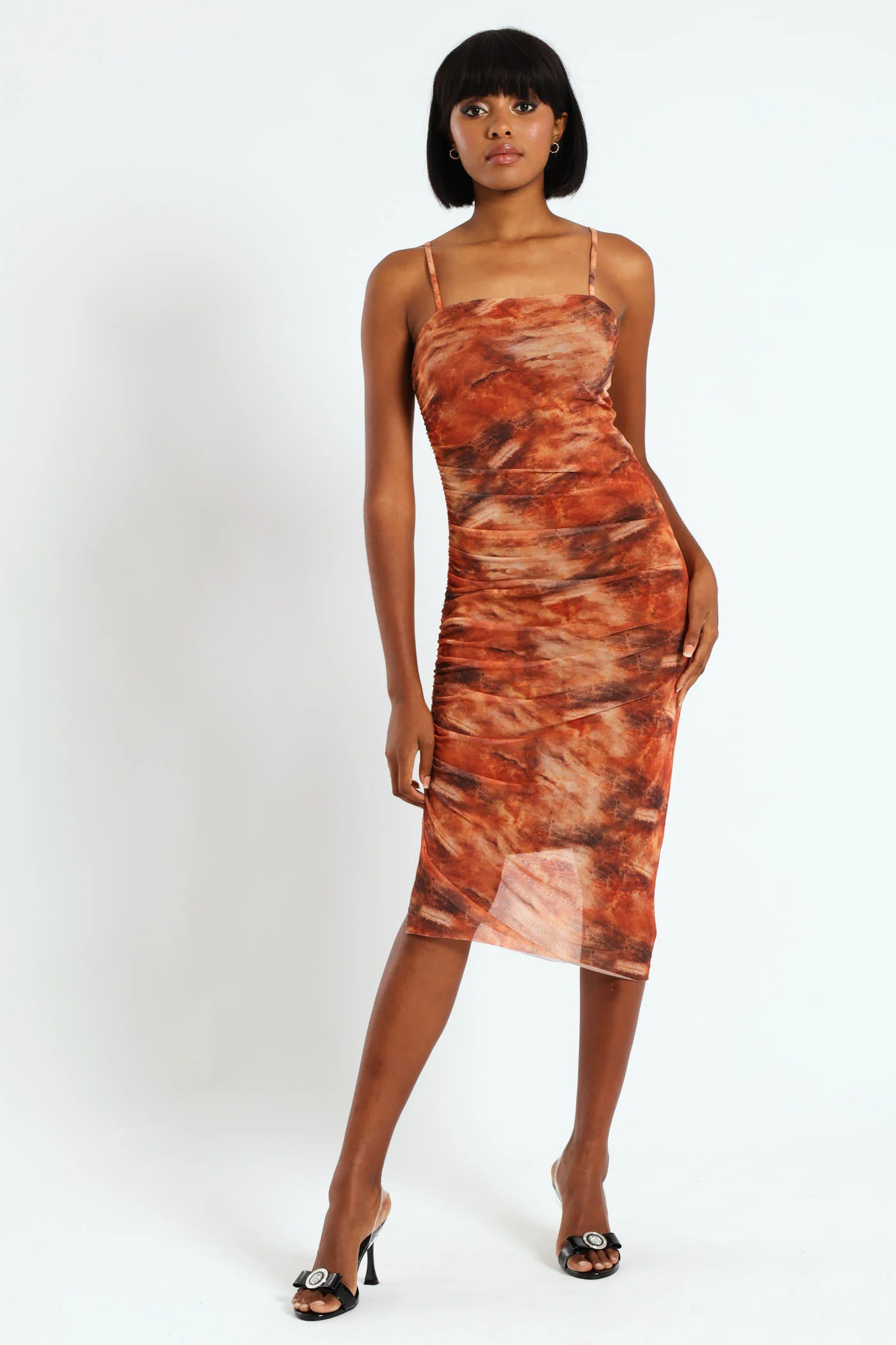 Strappy Side Gauged Midi Dress - Multi