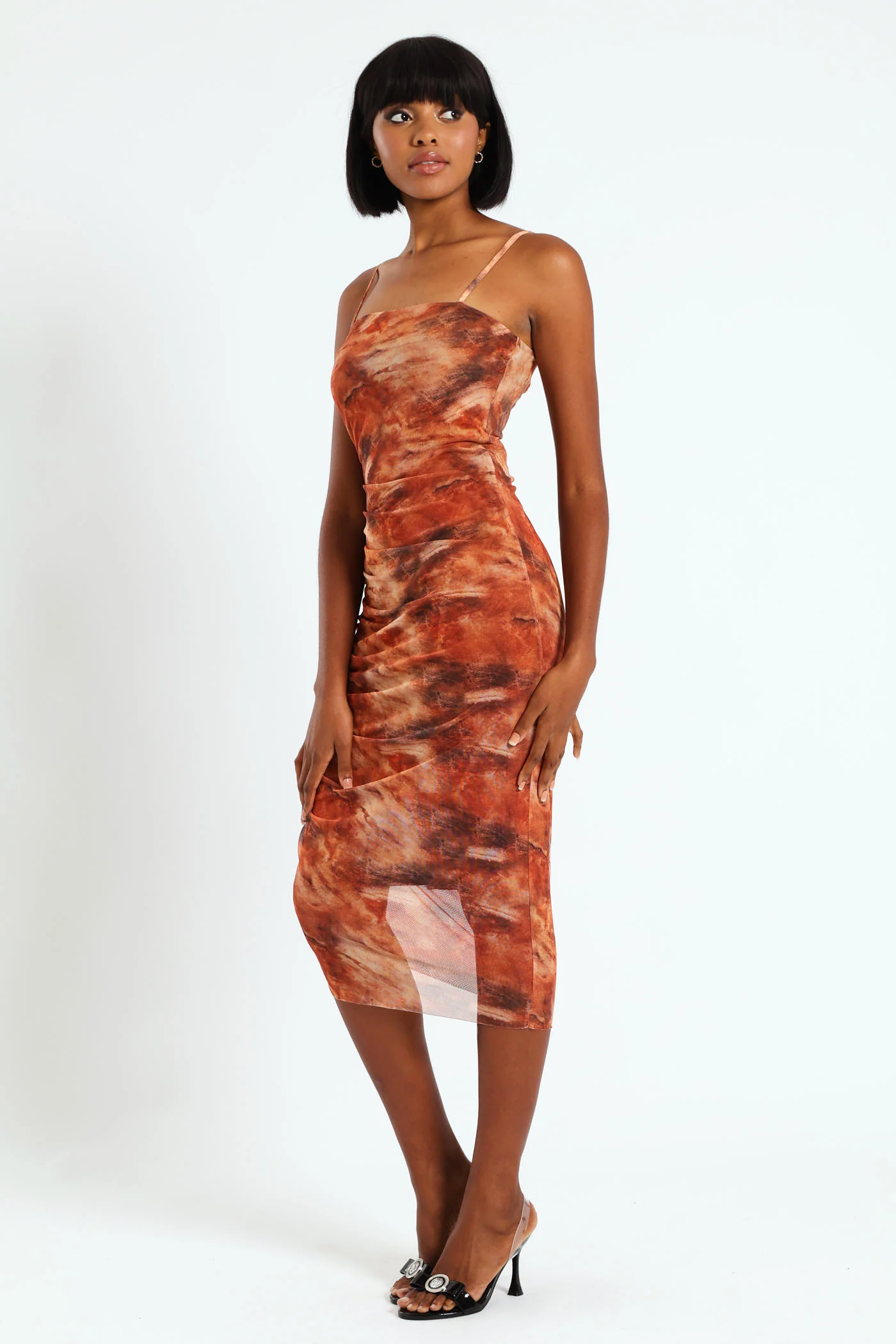 Strappy Side Gauged Midi Dress - Multi - Image 4