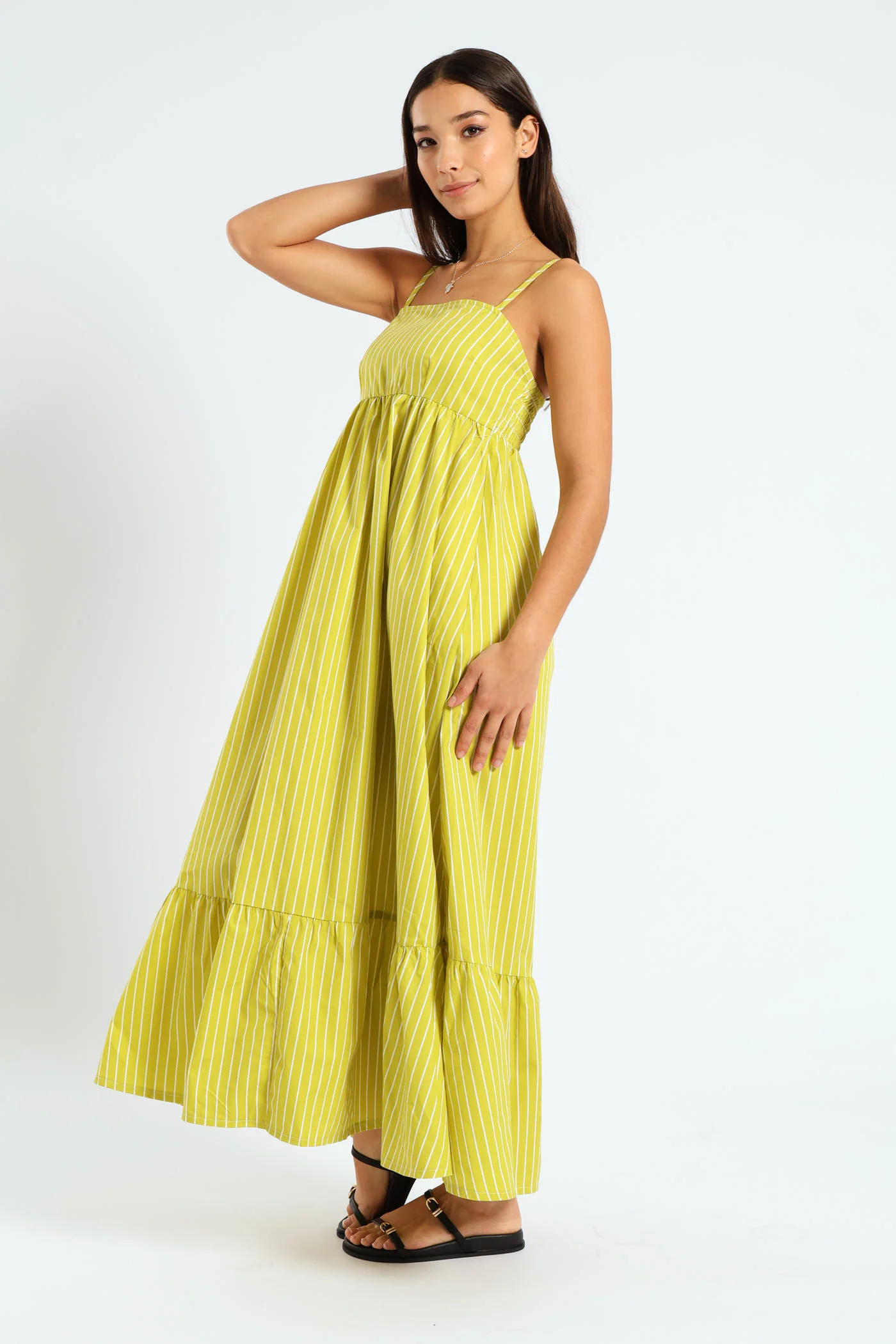 Strappy Stripe Poplin Frill Hem Maxi Dress - Chartreuse - Image 3