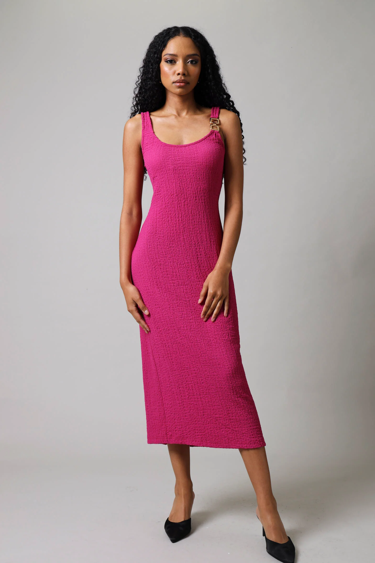 Strappy Textured Knit Trim Dress - Magenta - Image 2