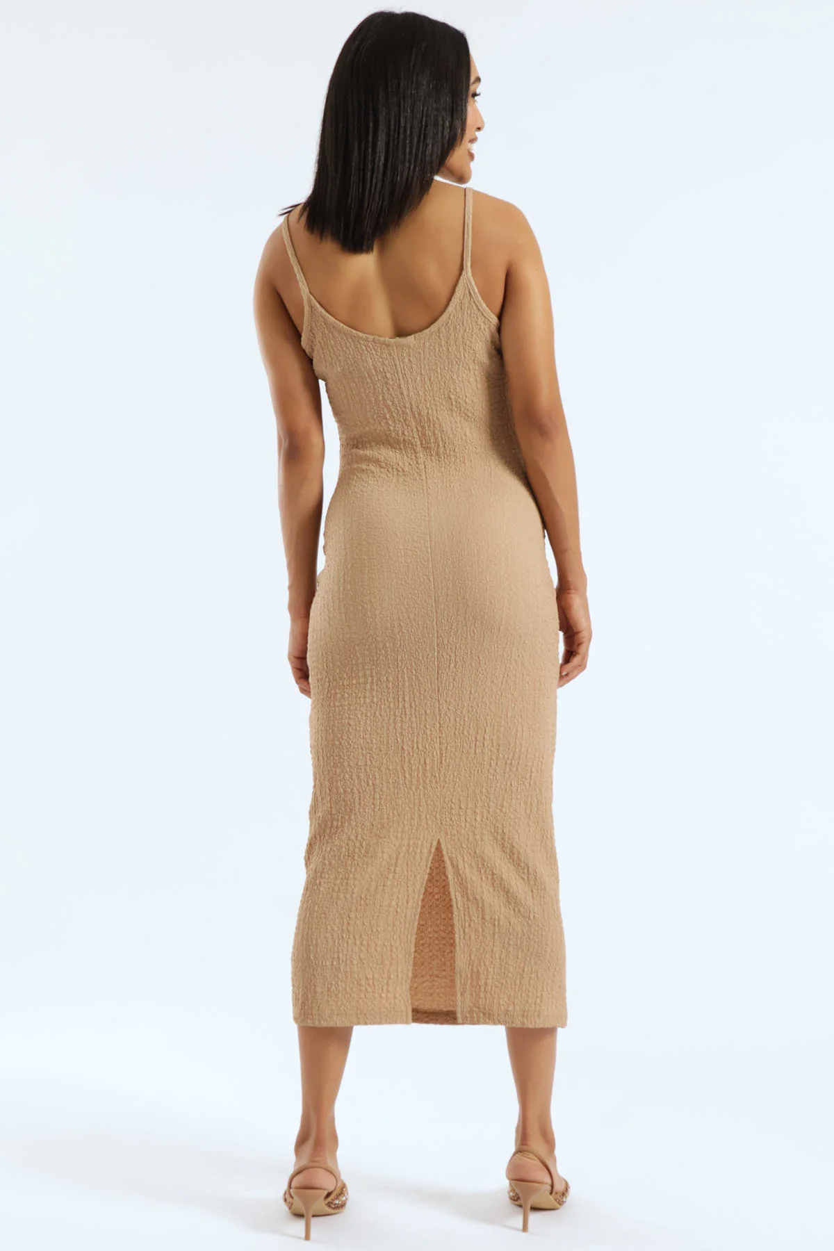 Strappy Textured Knit Trim Dress - Stone - Image 3
